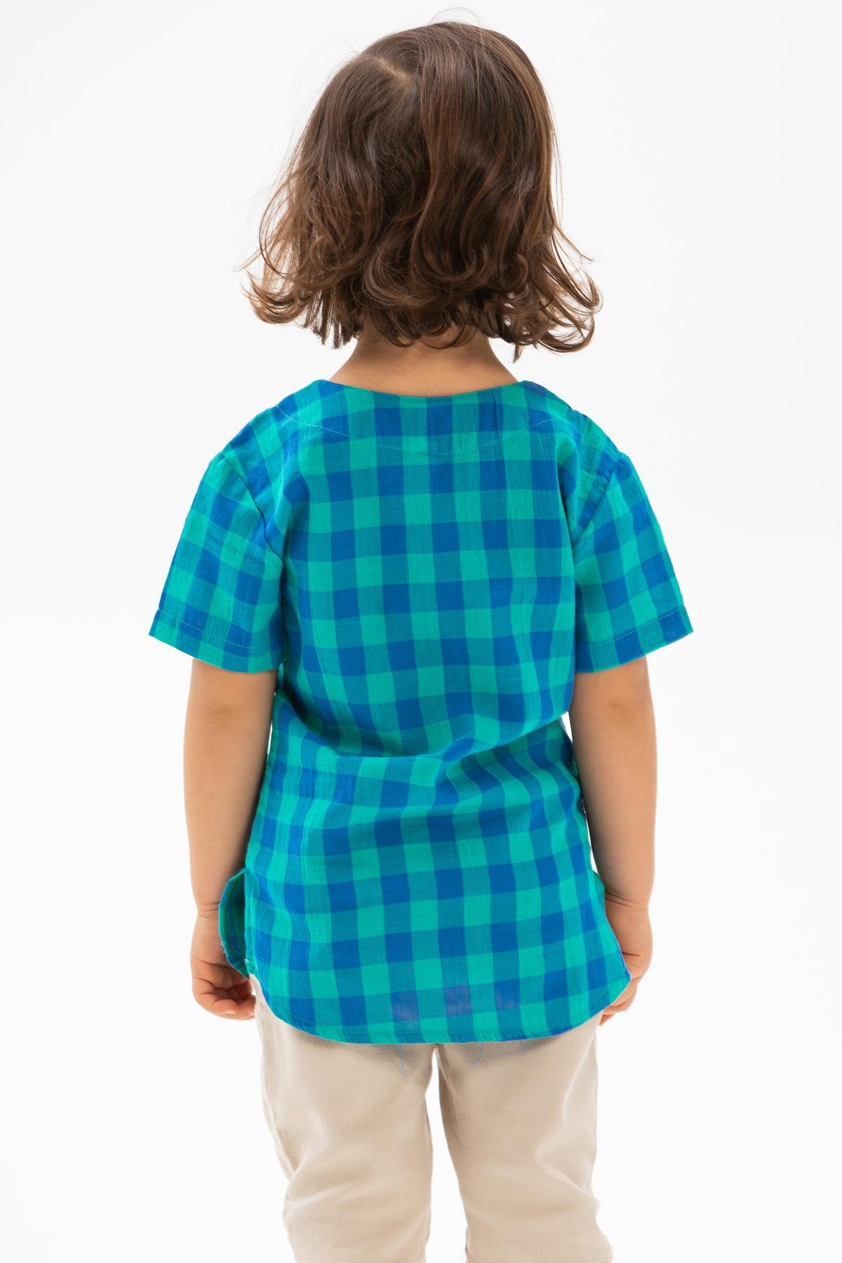 Kısa Kol Şile Bezi Bisiklet Yaka Erkek Çocuk Tshirt Mint Kareli 3033