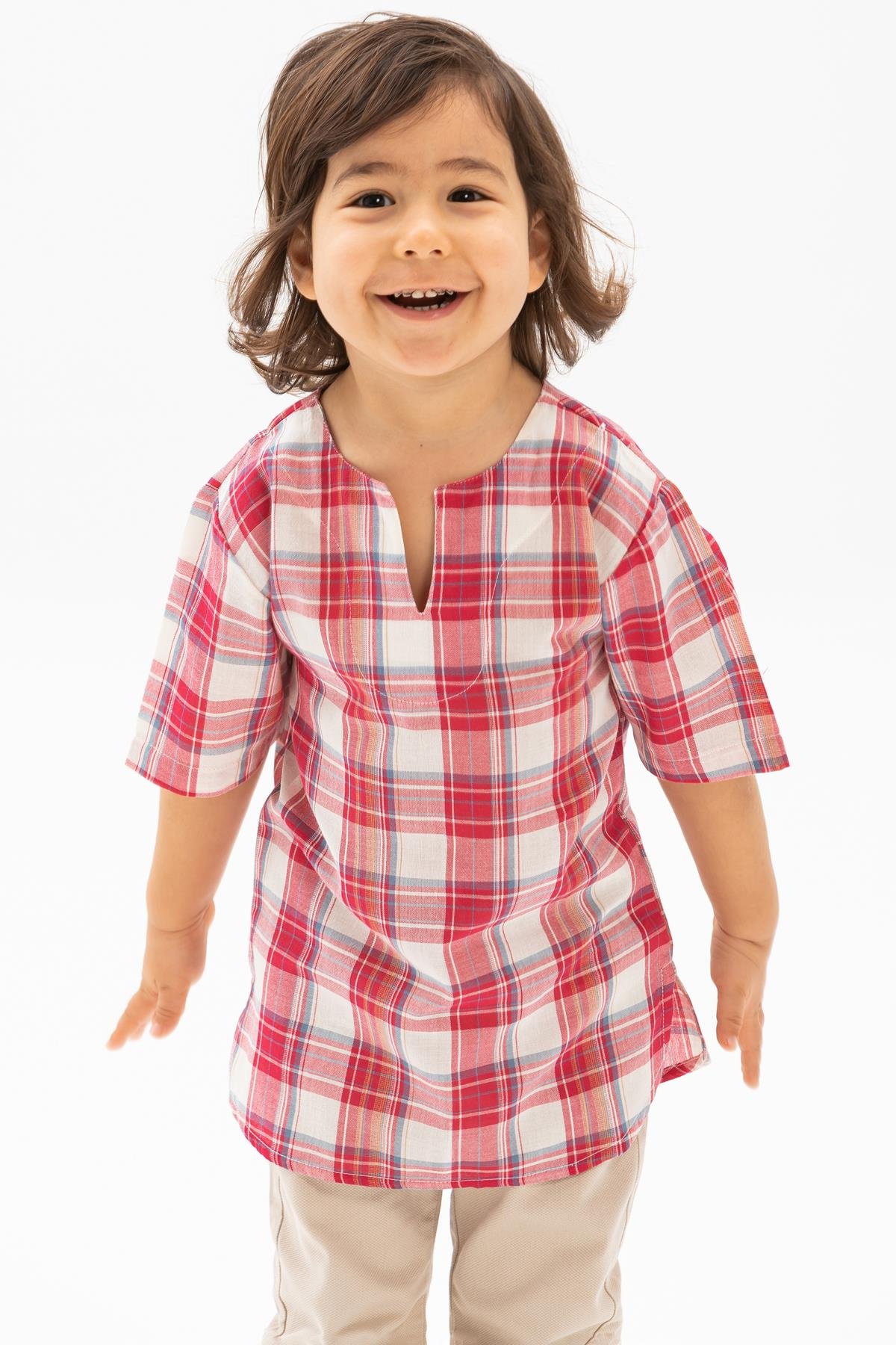 Kısa Kol Şile Bezi Bisiklet Yaka Erkek Çocuk Tshirt Kırmızı Krem Ekose 3038