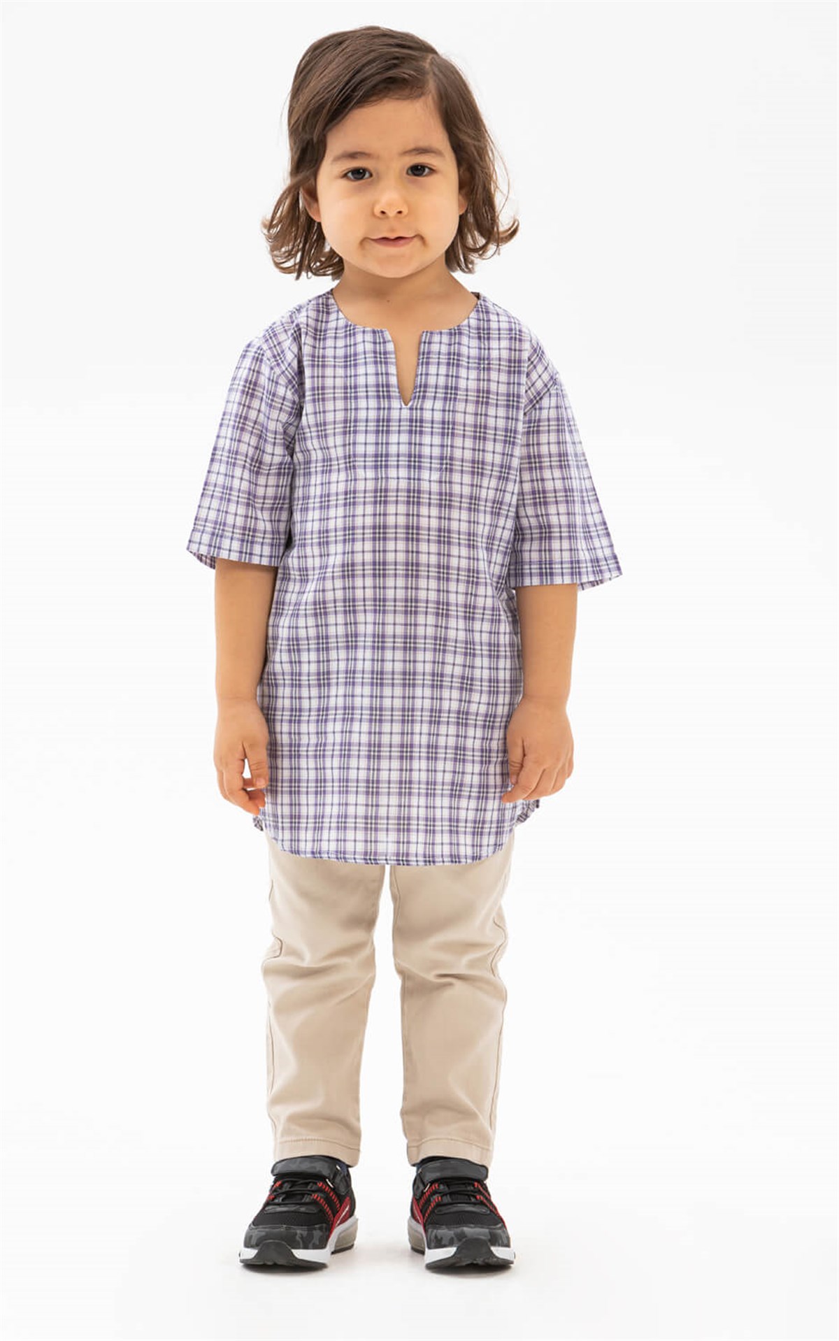 Kısa Kol Şile Bezi Bisiklet Yaka Erkek Çocuk Tshirt Mor Kareli