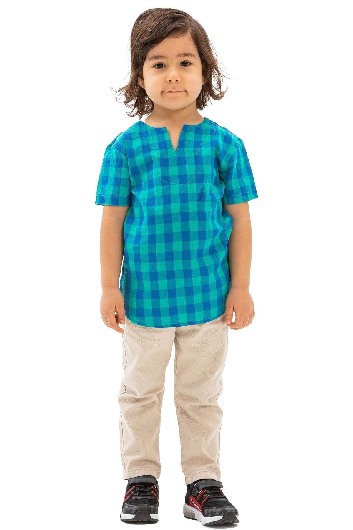 Kısa Kol Şile Bezi Bisiklet Yaka Erkek Çocuk Tshirt Mint Kareli 3033