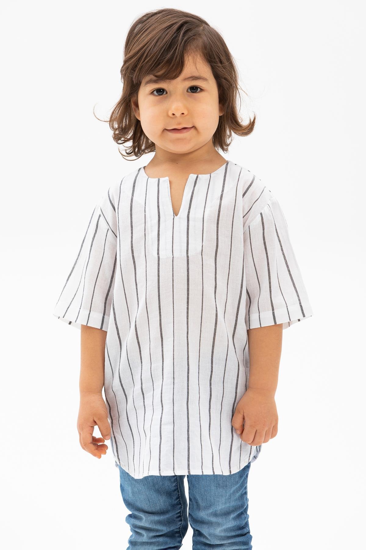 Short Arm Sile Fabric Bicycle Collar Men Kid's TShirt White Black Striped
