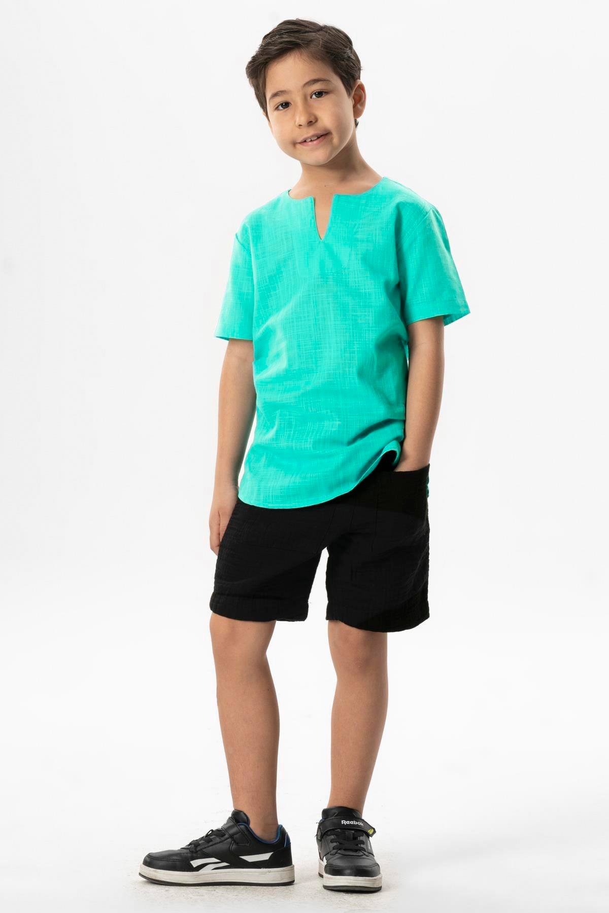 Kısa Kol Şile Bezi Bisiklet Yaka Yazlık Erkek Çocuk Tshirt Su Yeşili 3047