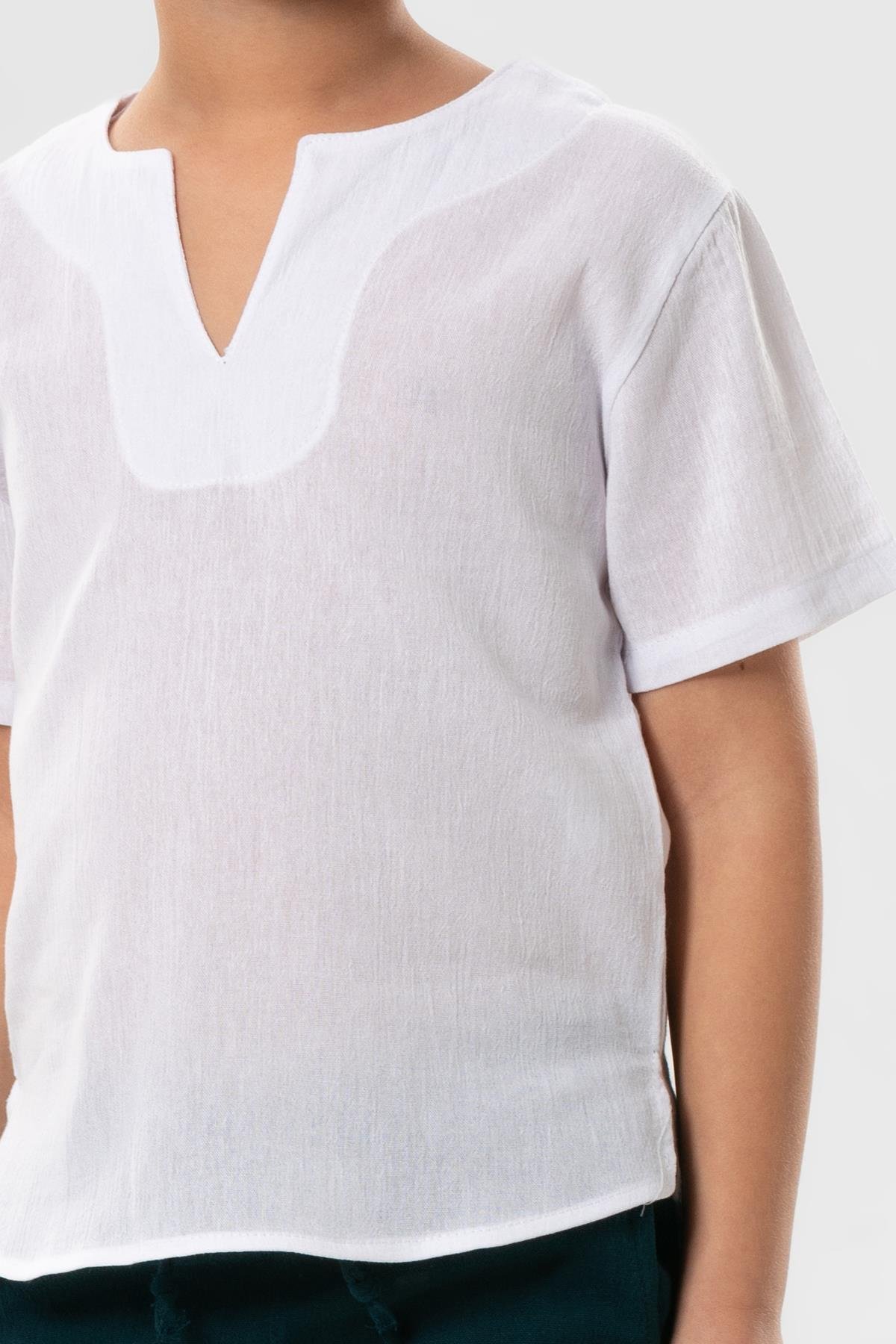 Kısa Kol Şile Bezi Bisiklet Yaka Yazlık Erkek Çocuk Tshirt Beyaz 3001