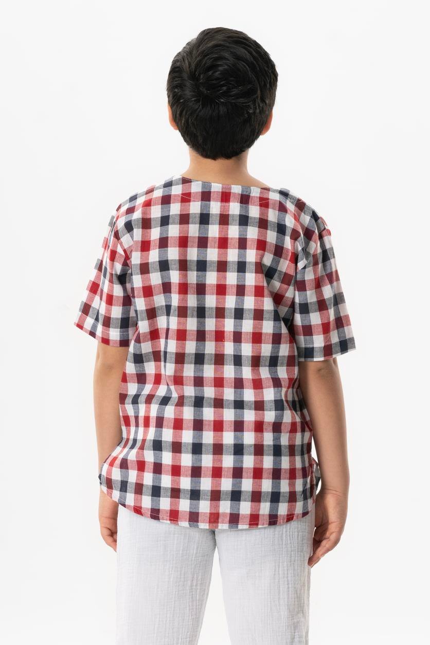 Kısa Kol Şile Bezi Bisiklet Yaka Yazlık Erkek Çocuk Tshirt Kırmızı Lacivert Kareli 3008