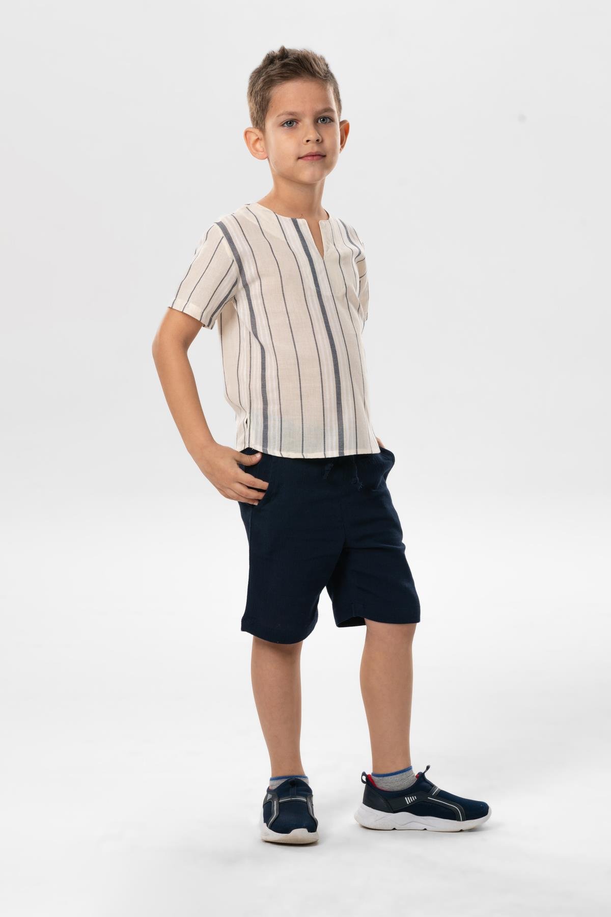Kısa Kol Şile Bezi Bisiklet Yaka Yazlık Erkek Çocuk Tshirt Ekru Gri Çizgili 3028