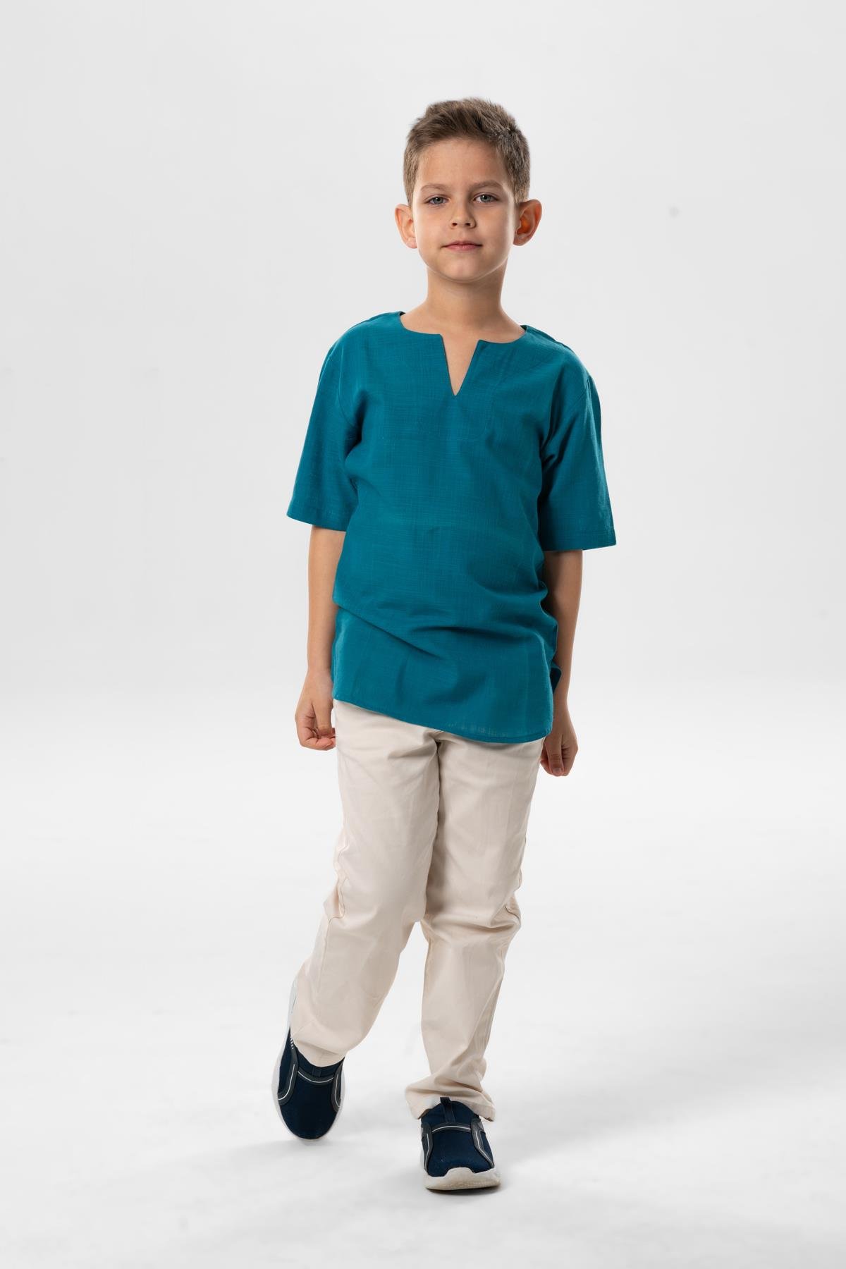 Kısa Kol Şile Bezi Bisiklet Yaka Yazlık Erkek Çocuk Tshirt Petrol 3053