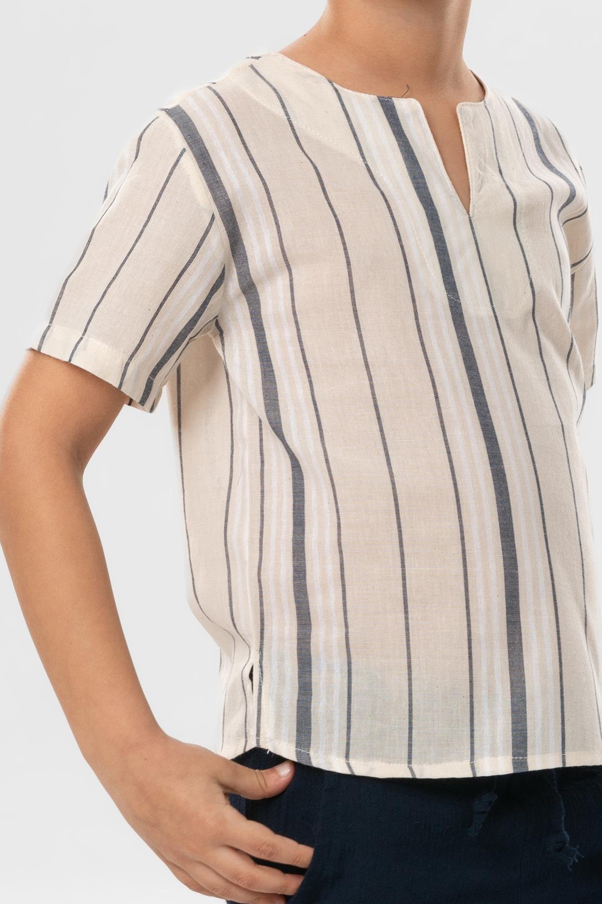 Kısa Kol Şile Bezi Bisiklet Yaka Yazlık Erkek Çocuk Tshirt Ekru Gri Çizgili 3028