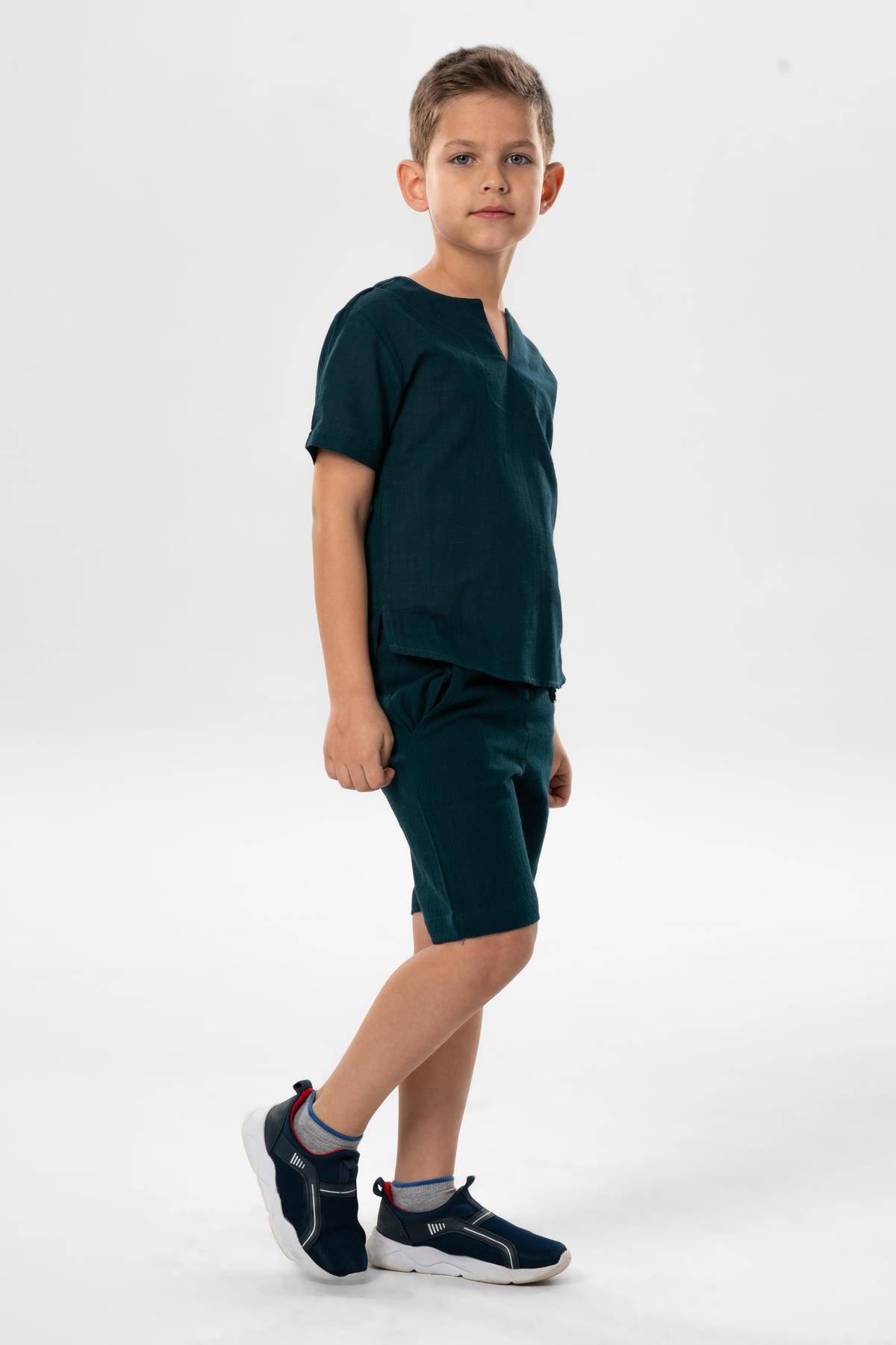 Kısa Kol Şile Bezi Bisiklet Yaka Yazlık Erkek Çocuk Tshirt Koyu Petrol 3069