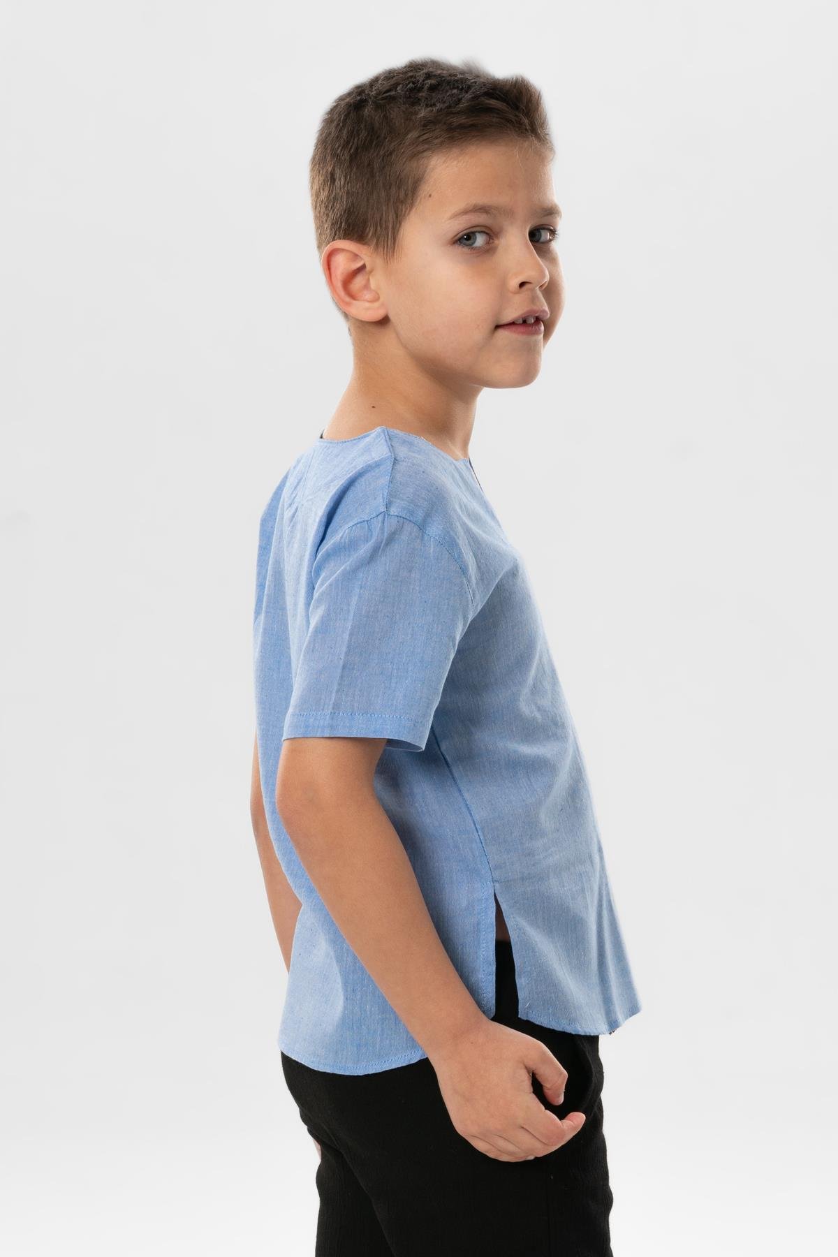 Kısa Kol Şile Bezi Bisiklet Yaka Yazlık Erkek Çocuk Tshirt Mavi 3032