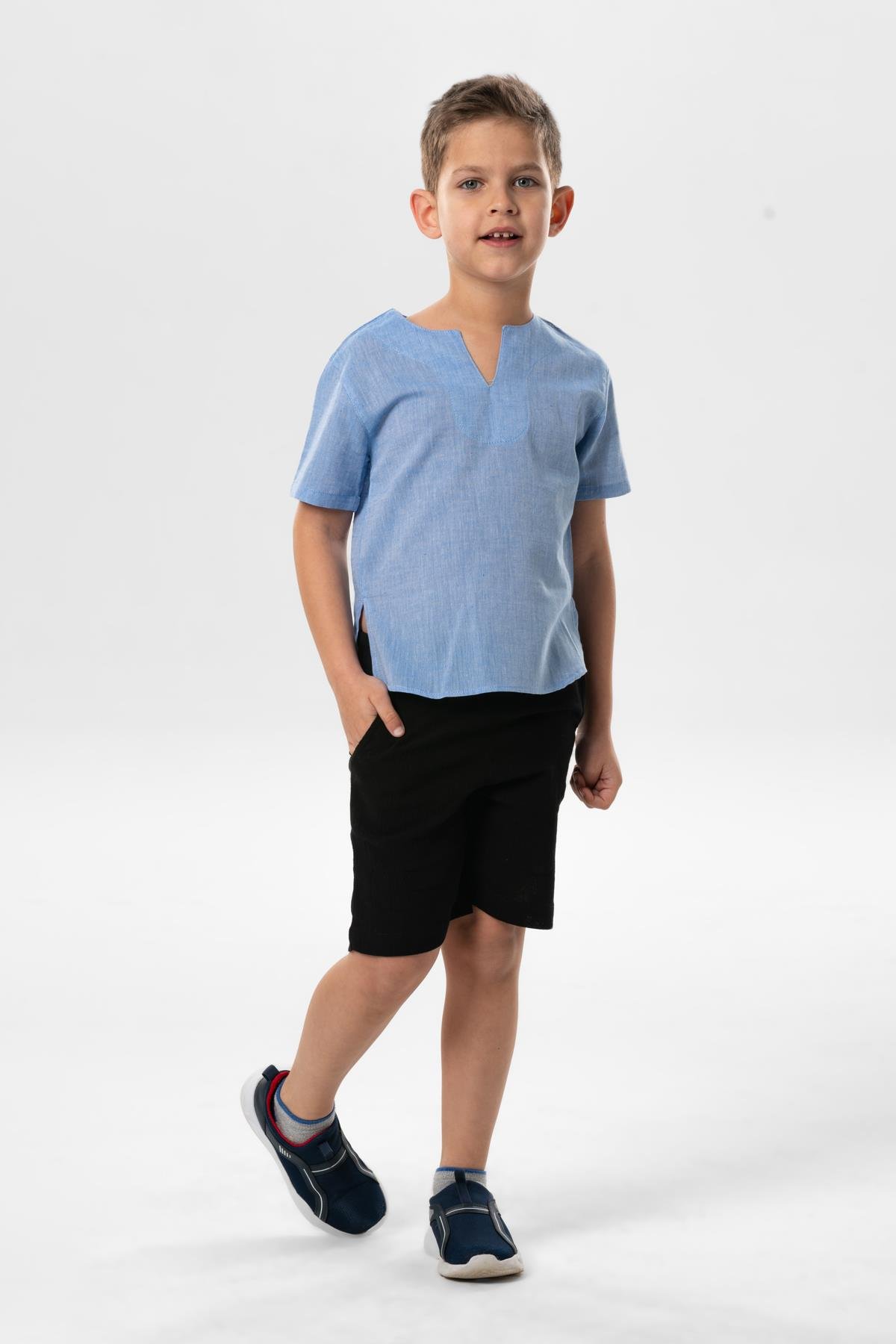 Kısa Kol Şile Bezi Bisiklet Yaka Yazlık Erkek Çocuk Tshirt Mavi 3032