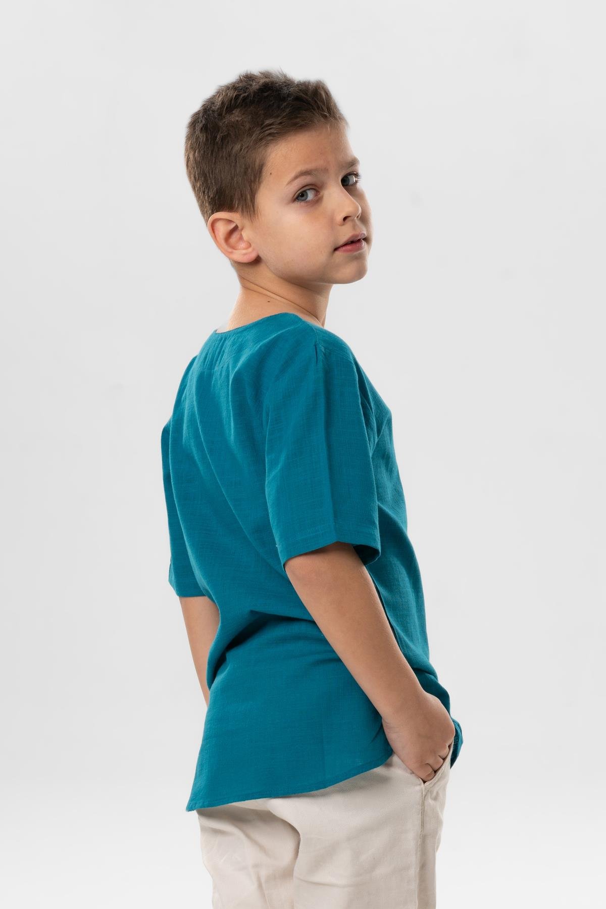 Kısa Kol Şile Bezi Bisiklet Yaka Yazlık Erkek Çocuk Tshirt Petrol 3053