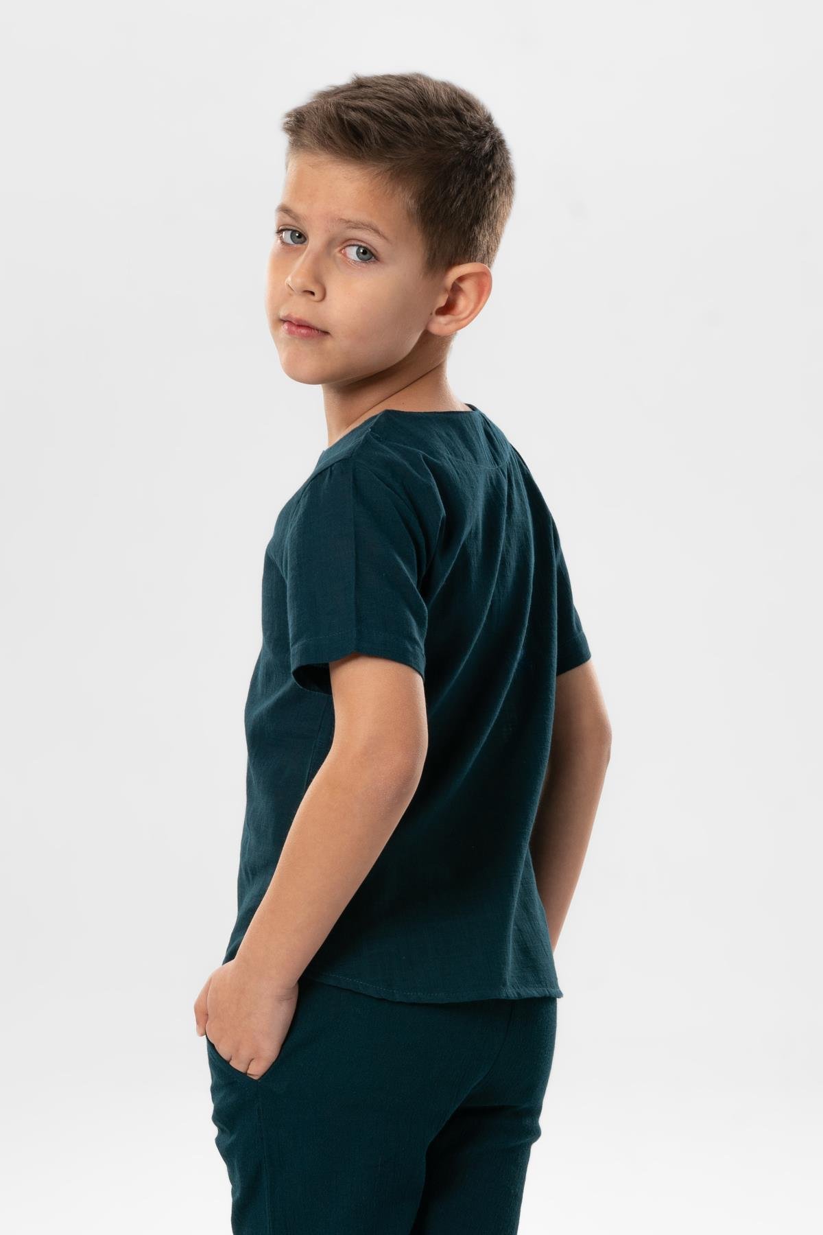 Kısa Kol Şile Bezi Bisiklet Yaka Yazlık Erkek Çocuk Tshirt Koyu Petrol 3069