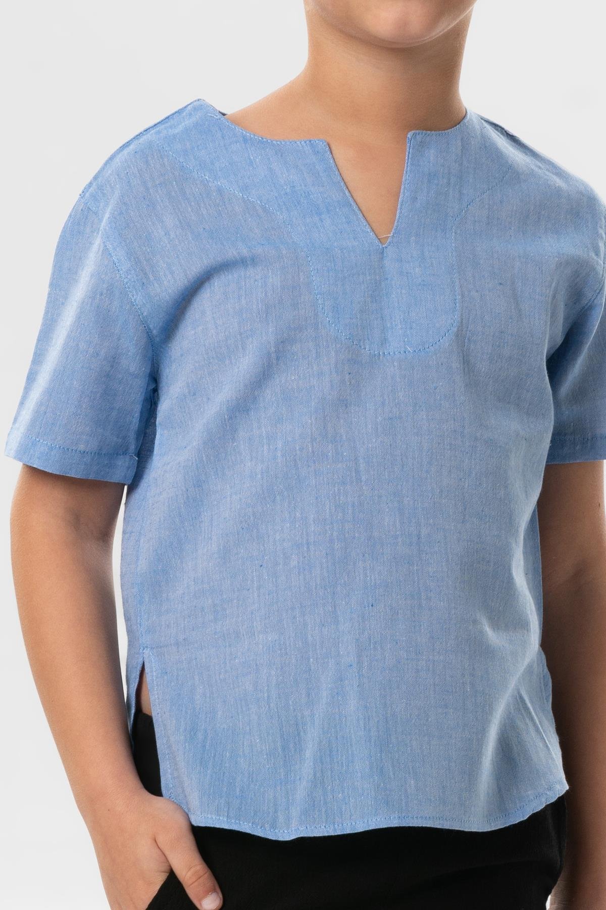 Kısa Kol Şile Bezi Bisiklet Yaka Yazlık Erkek Çocuk Tshirt Mavi 3032