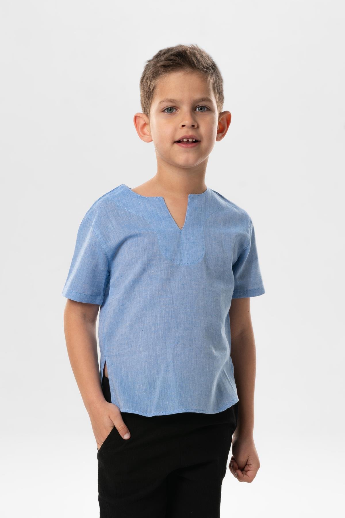 Kısa Kol Şile Bezi Bisiklet Yaka Yazlık Erkek Çocuk Tshirt Mavi 3032