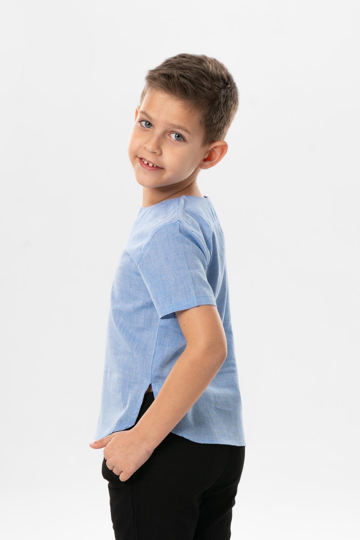 Kısa Kol Şile Bezi Bisiklet Yaka Yazlık Erkek Çocuk Tshirt Mavi 3032