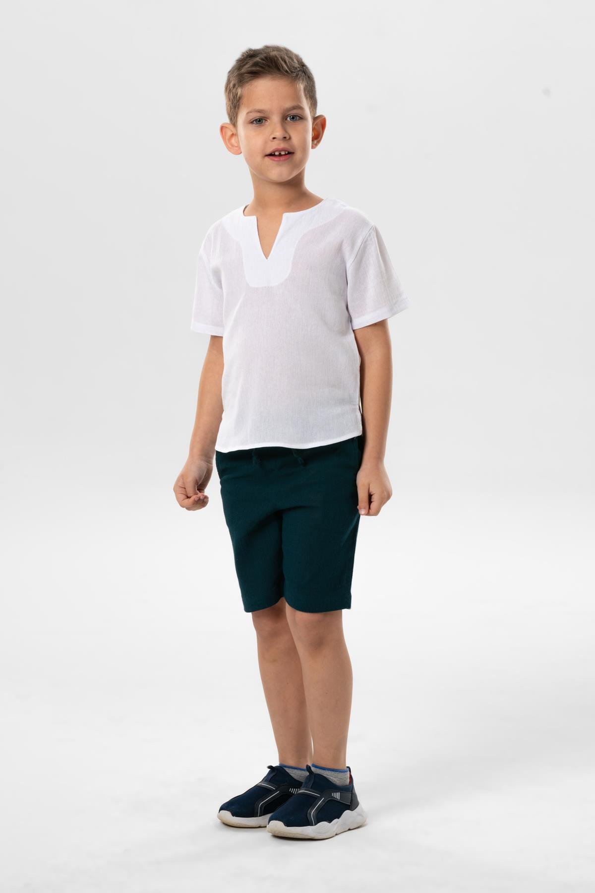 Kısa Kol Şile Bezi Bisiklet Yaka Yazlık Erkek Çocuk Tshirt Beyaz 3001