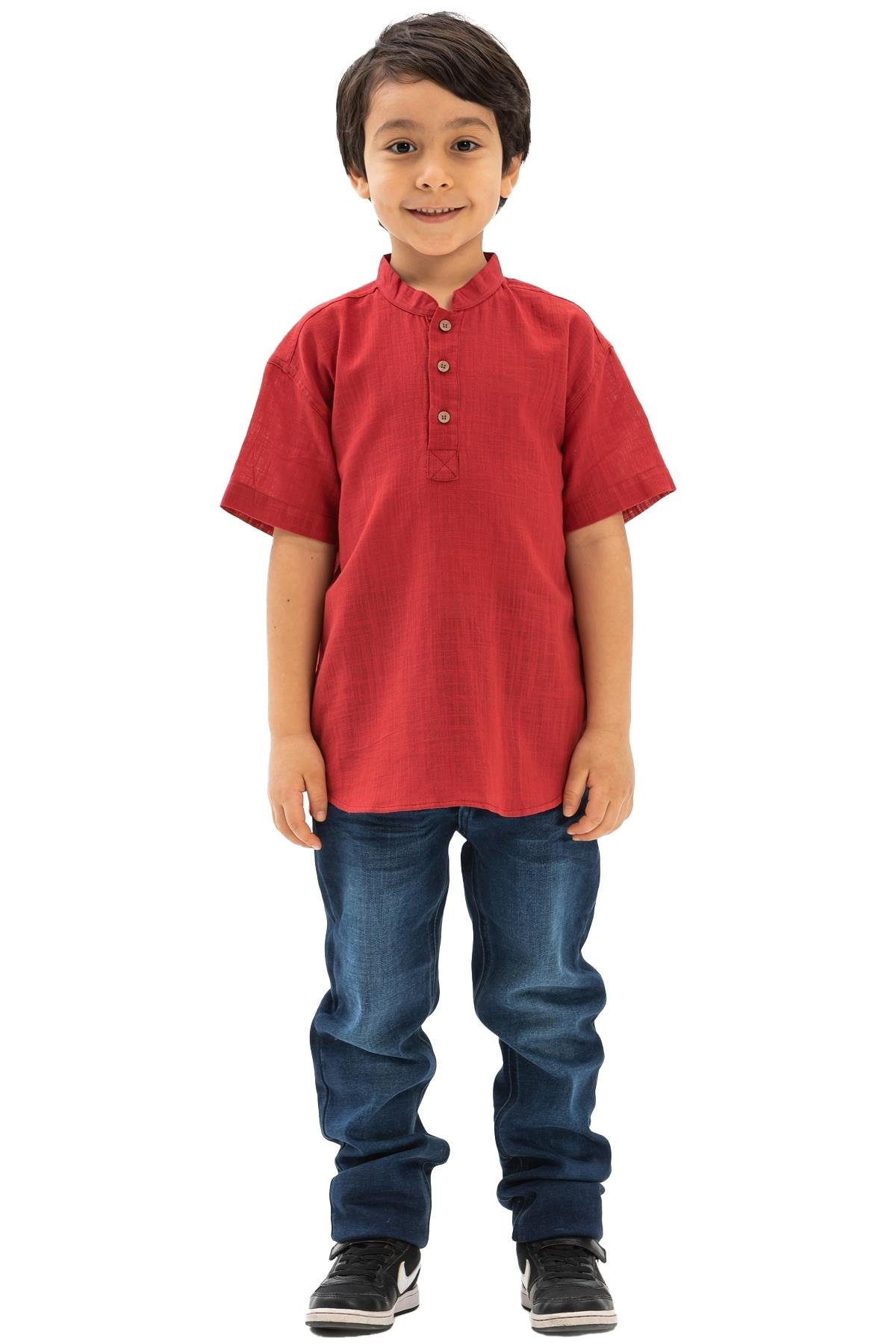 Kısa Kol Şile Bezi Bodrum Erkek Çocuk Tshirt Kırmızı 3051