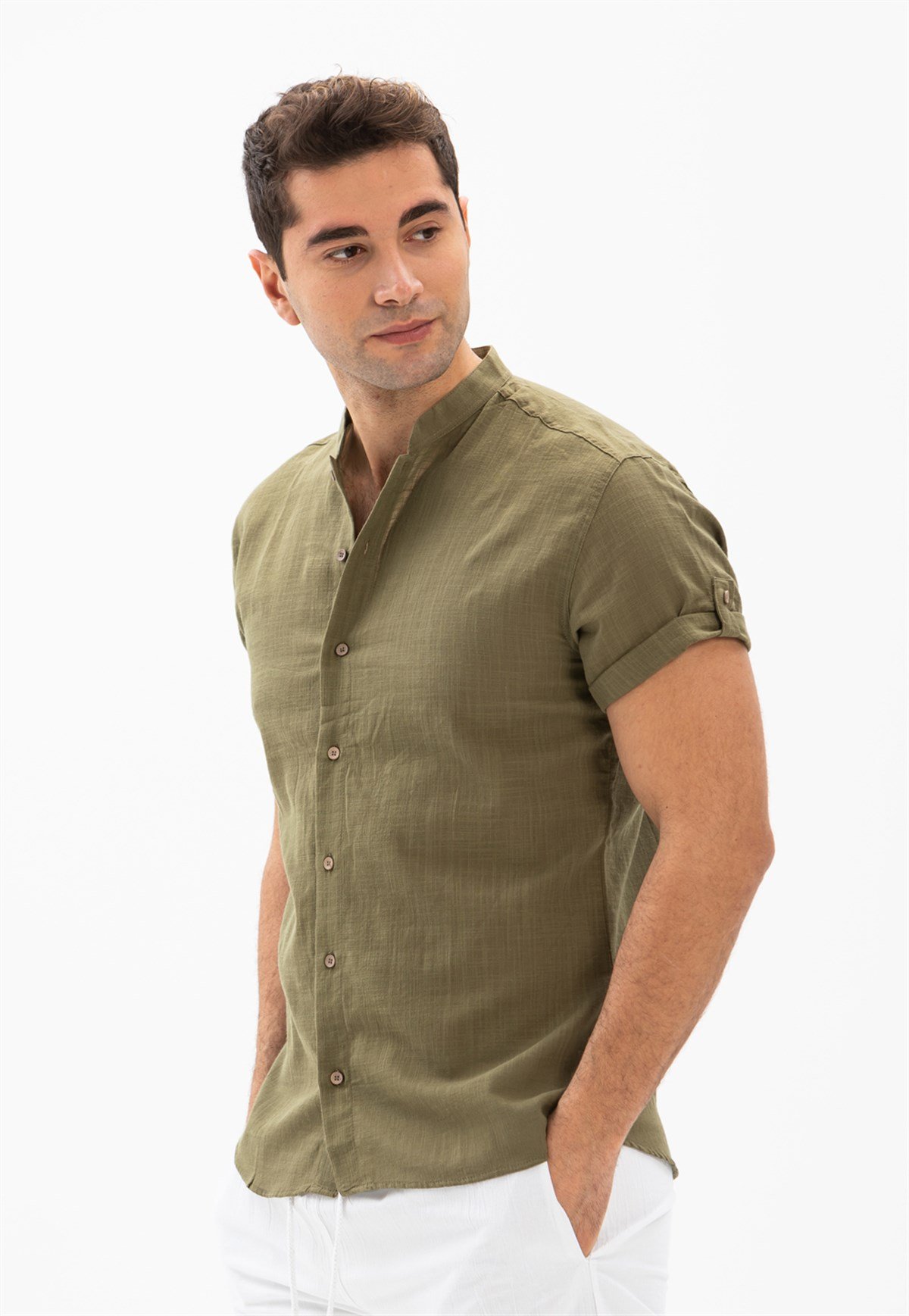 Kısa Kol Şile Bezi Bodrum Erkek Gömlek Haki
