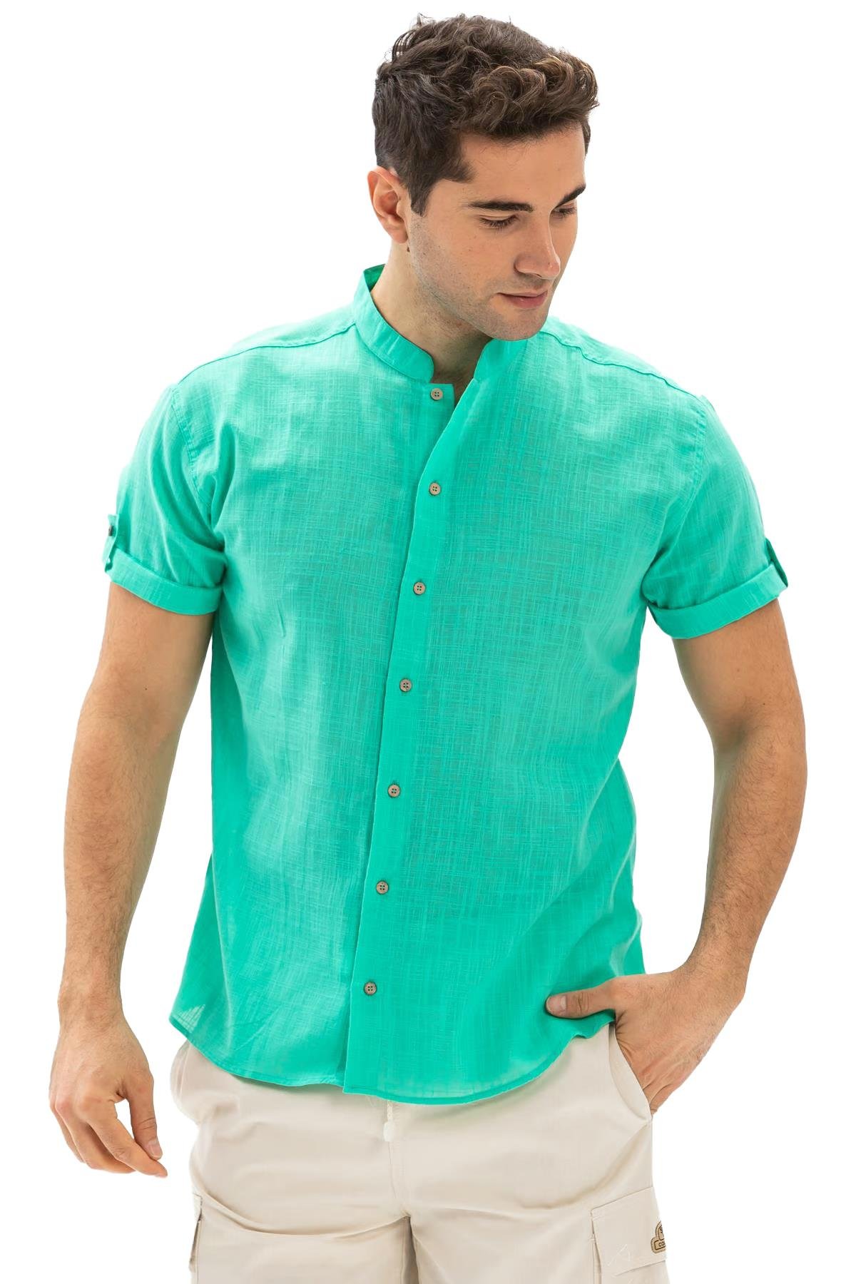 Kısa Kol Şile Bezi Bodrum Erkek Gömlek Su Yeşili 3047