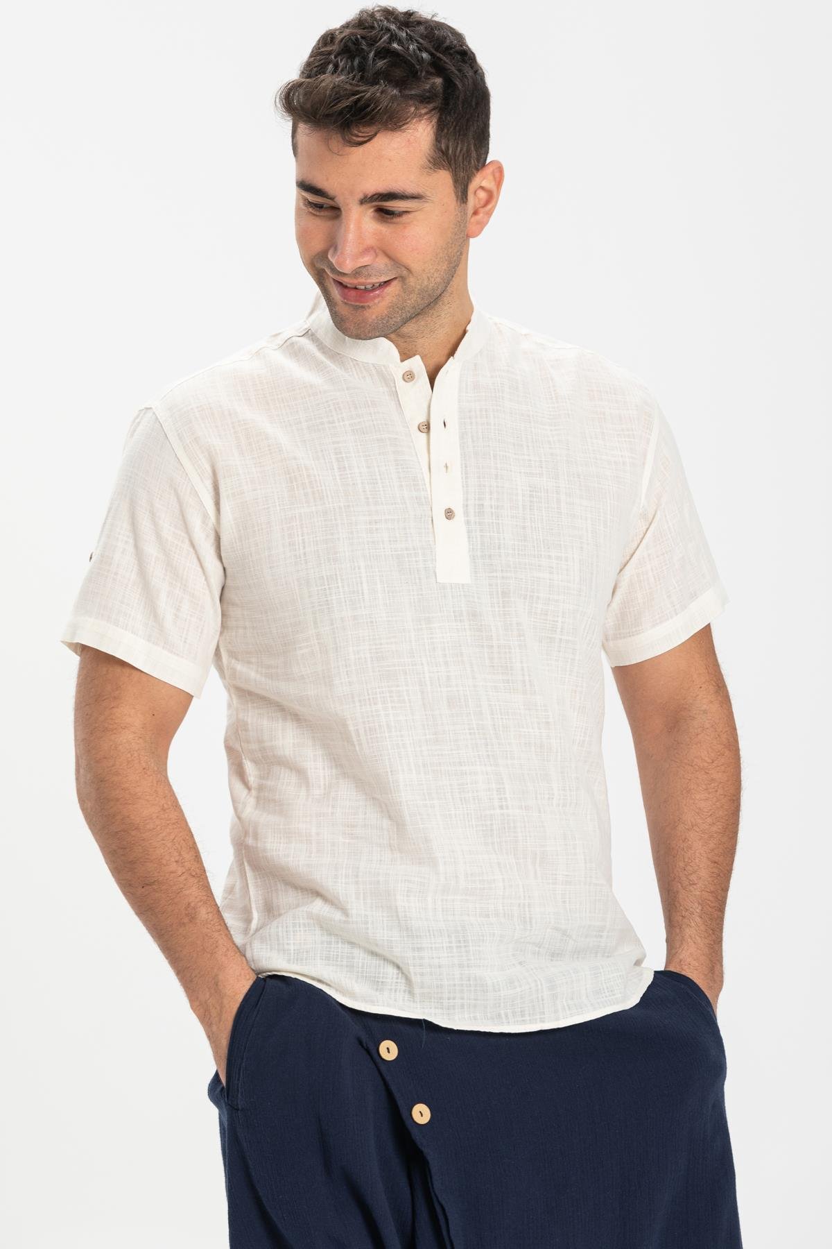 Kısa Kol Şile Bezi Bodrum Erkek T-shirt Krem 3002