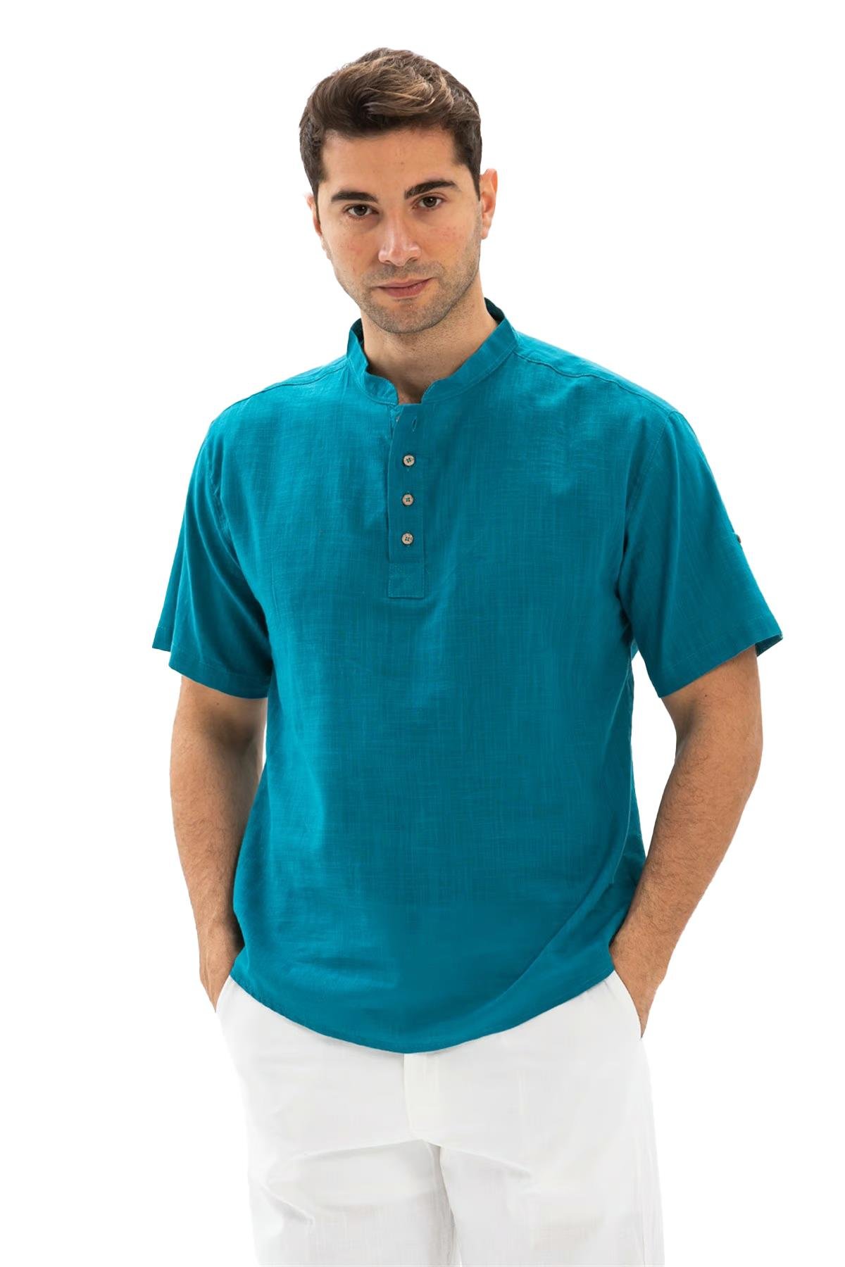 Kısa Kol Şile Bezi Bodrum Erkek T-shirt Petrol 3053