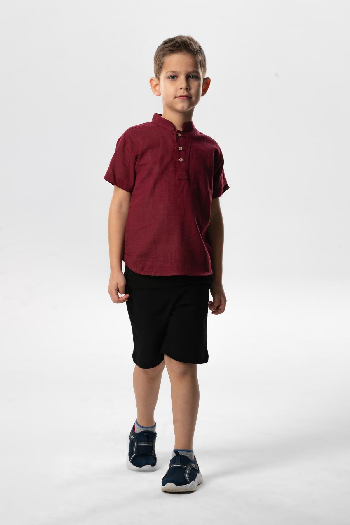 Kısa Kol Şile Bezi Bodrum Yazlık Erkek Çocuk Tshirt Koyu Bordo 3068