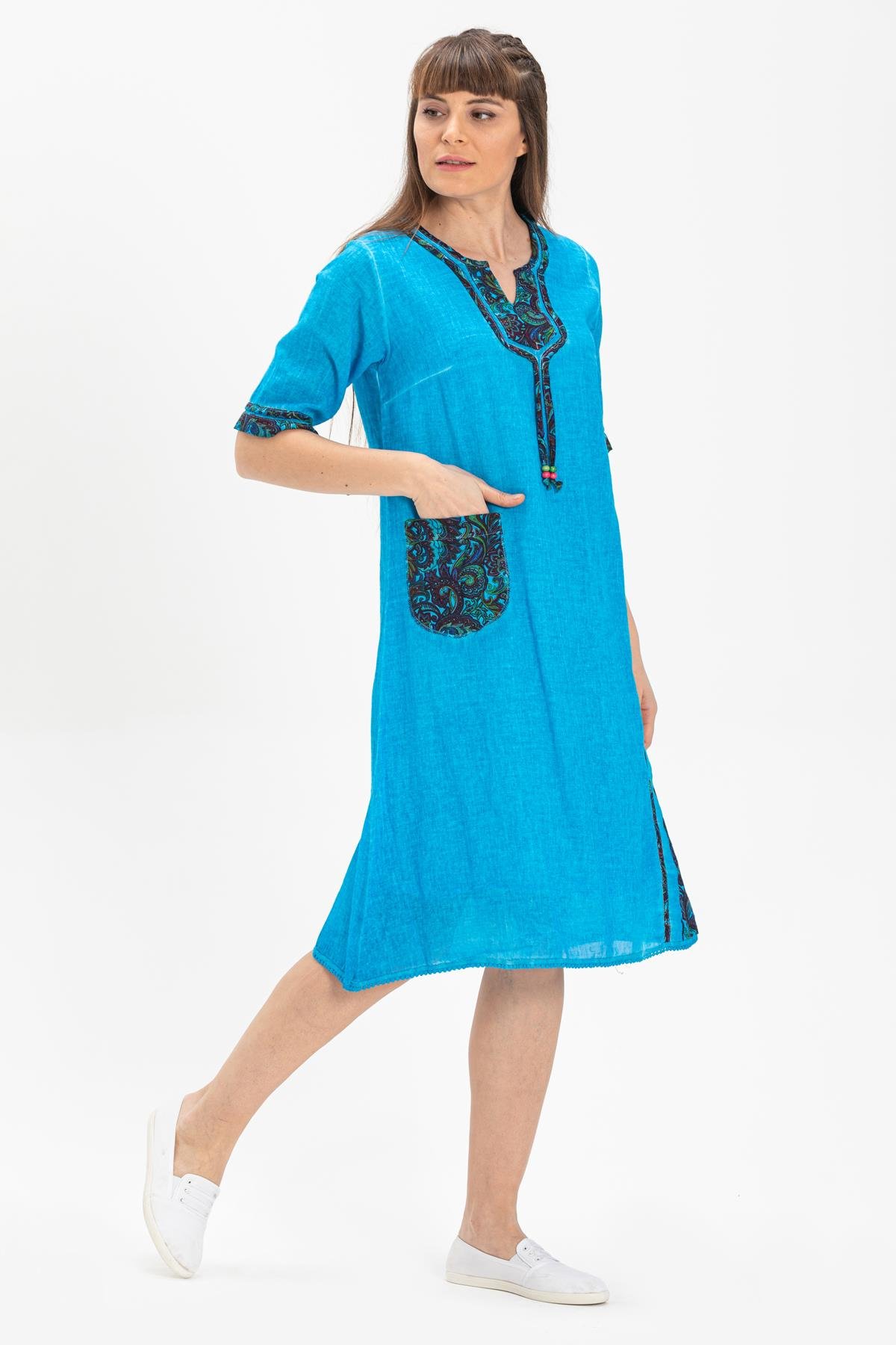 Short Sleeve Şile Fabric Dilek Midi Length Dress Turquoise