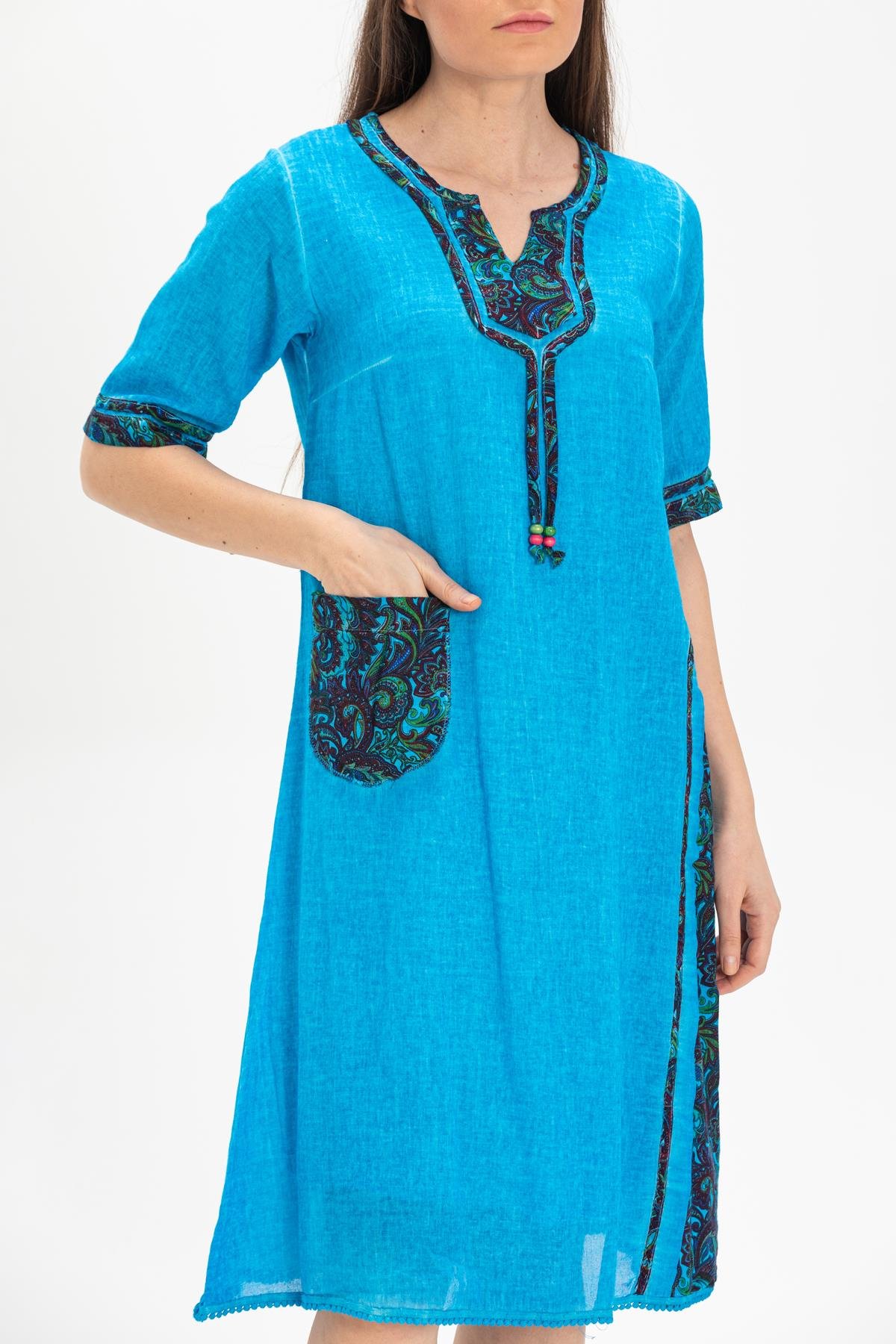 Short Sleeve Şile Fabric Dilek Midi Length Dress Turquoise