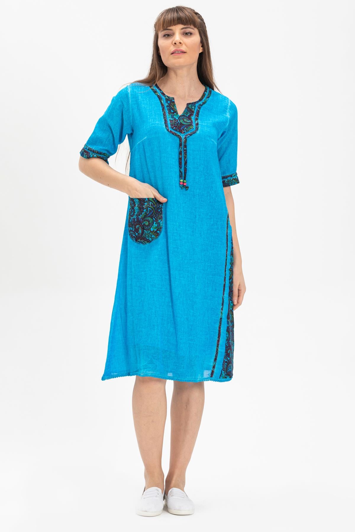 Short Sleeve Şile Fabric Dilek Midi Length Dress Turquoise