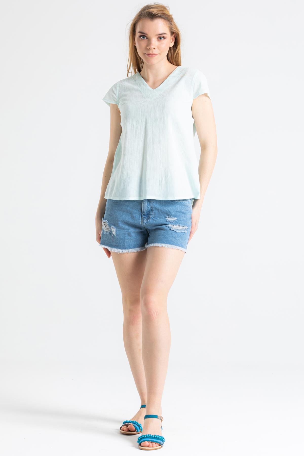 Kısa Kol Şile Bezi Ecem Bluz Su Yeşili Sysl