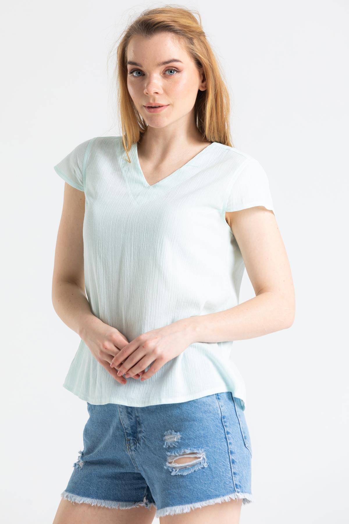 Kısa Kol Şile Bezi Ecem Bluz Su Yeşili Sysl