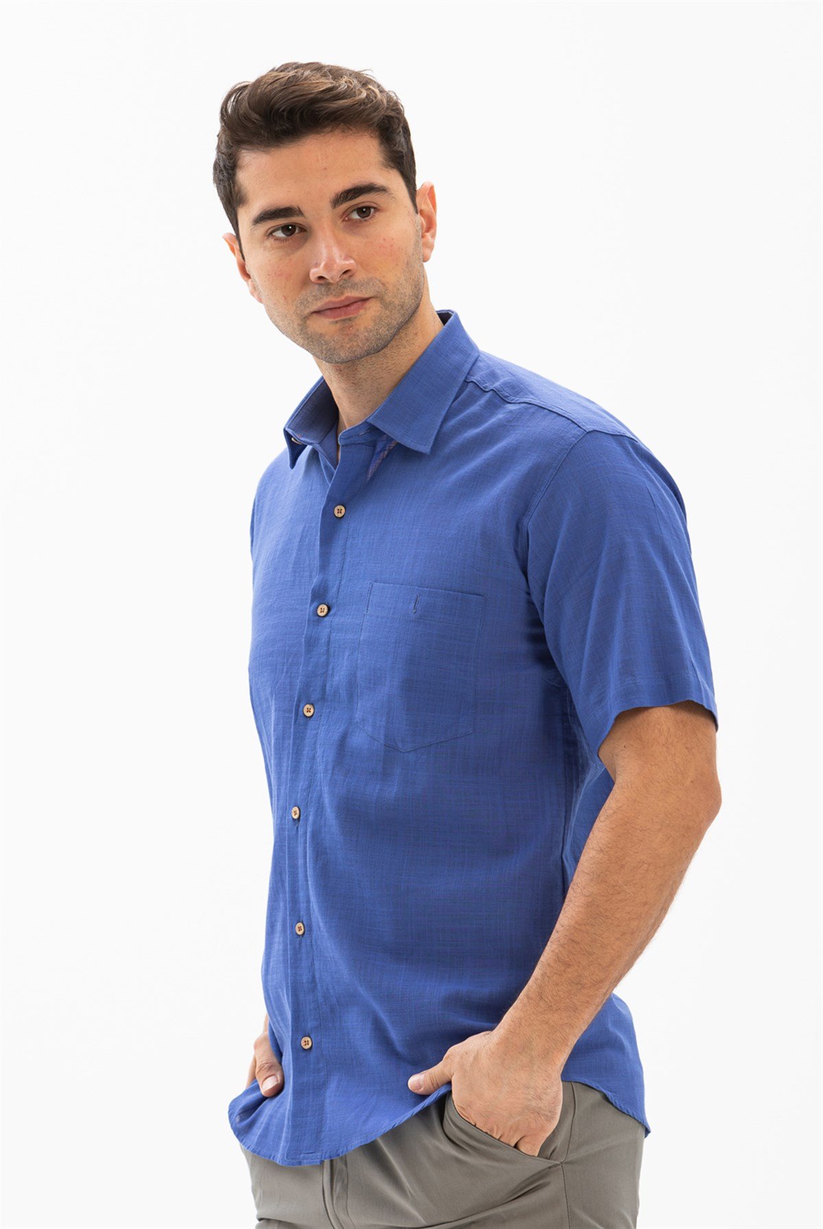 Kısa Kol Şile Bezi Erkek Gömlek Saks