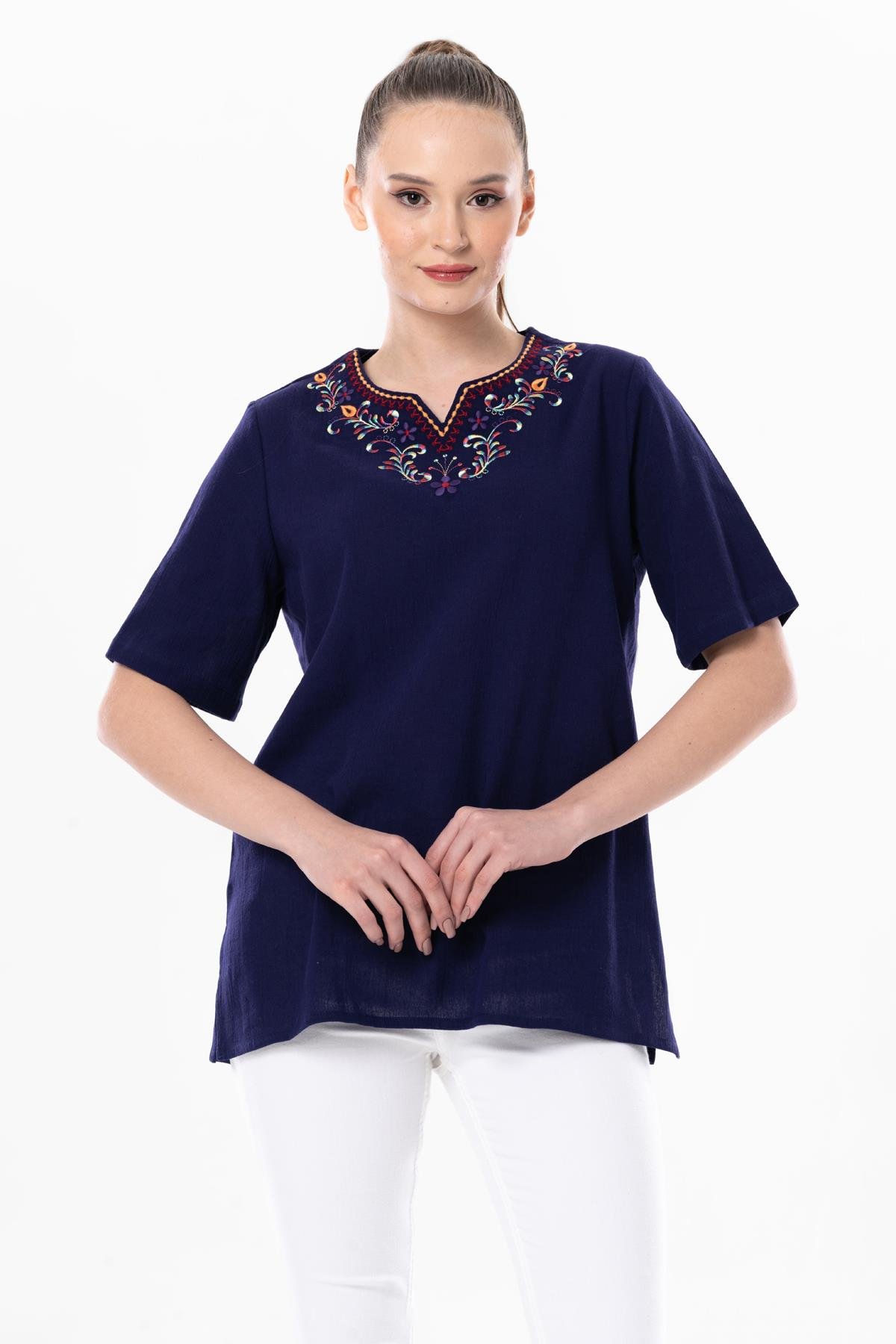 Kısa Kol Şile Bezi Gökkuşağı Nakış Detaylı Yazlık Bluz Mor Mor