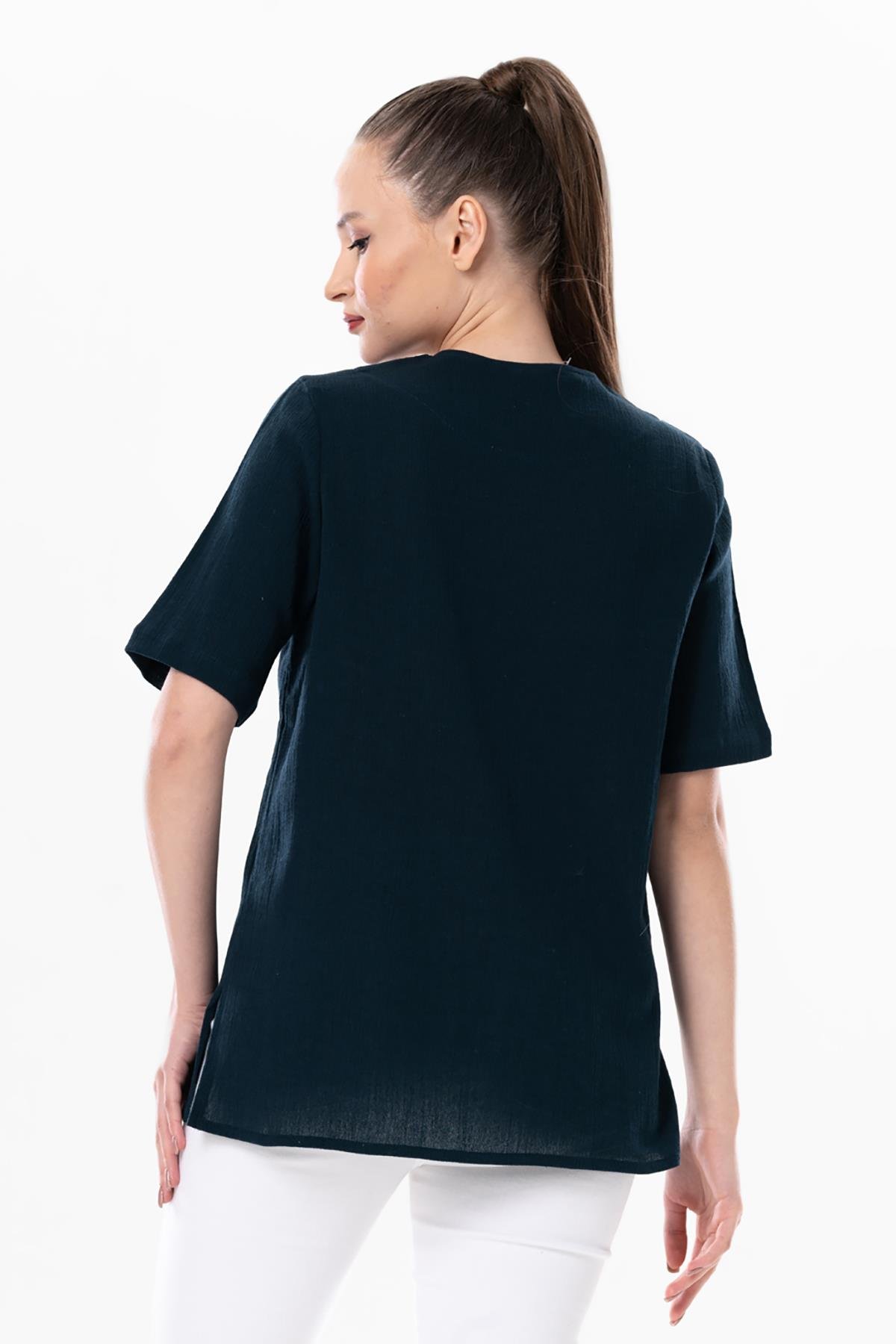 Kısa Kol Şile Bezi Gökkuşağı Nakış Detaylı Yazlık Bluz Petrol Ptrl