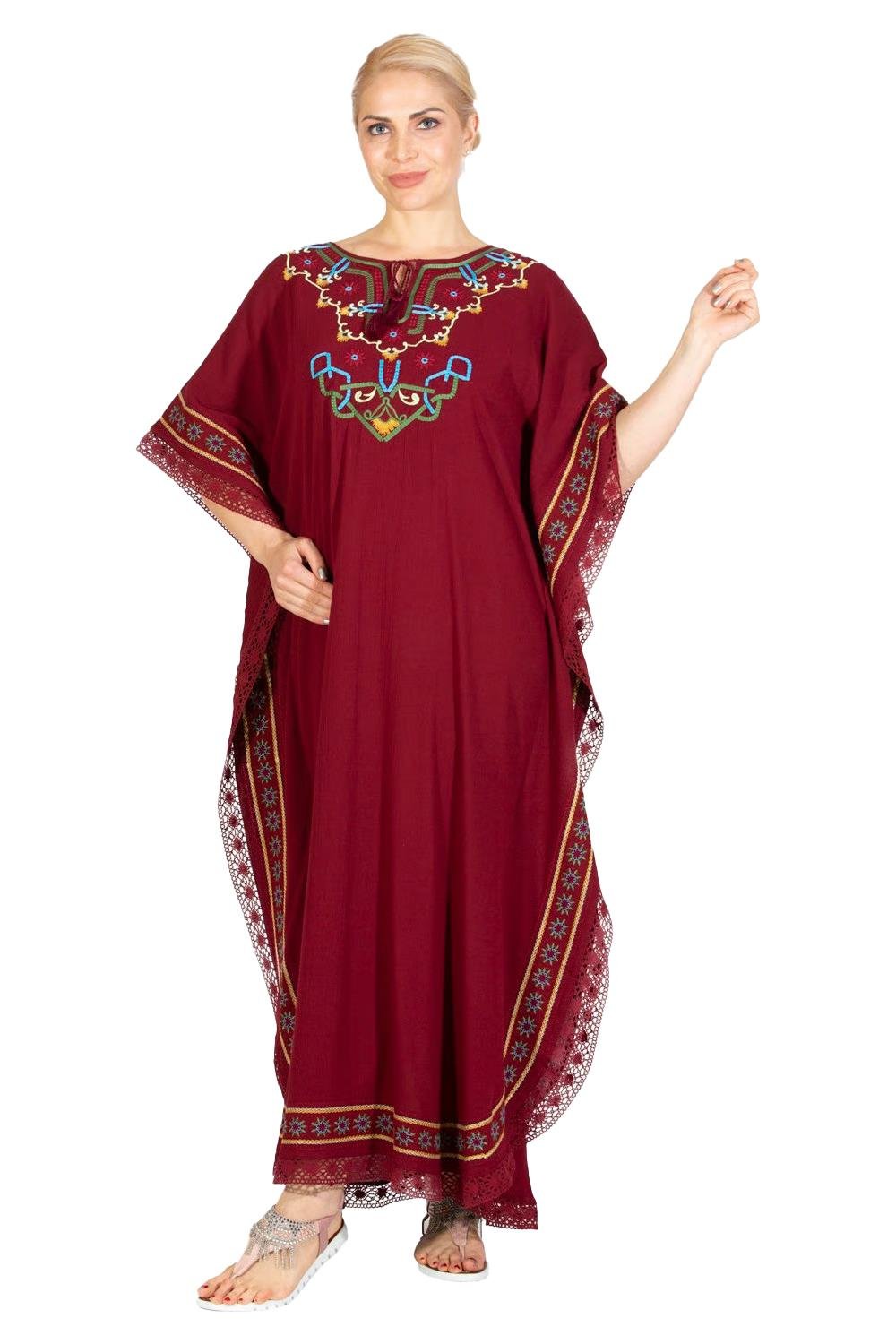 Short Sleeve Şile Fabric Gülseren Long Dress Claret Red