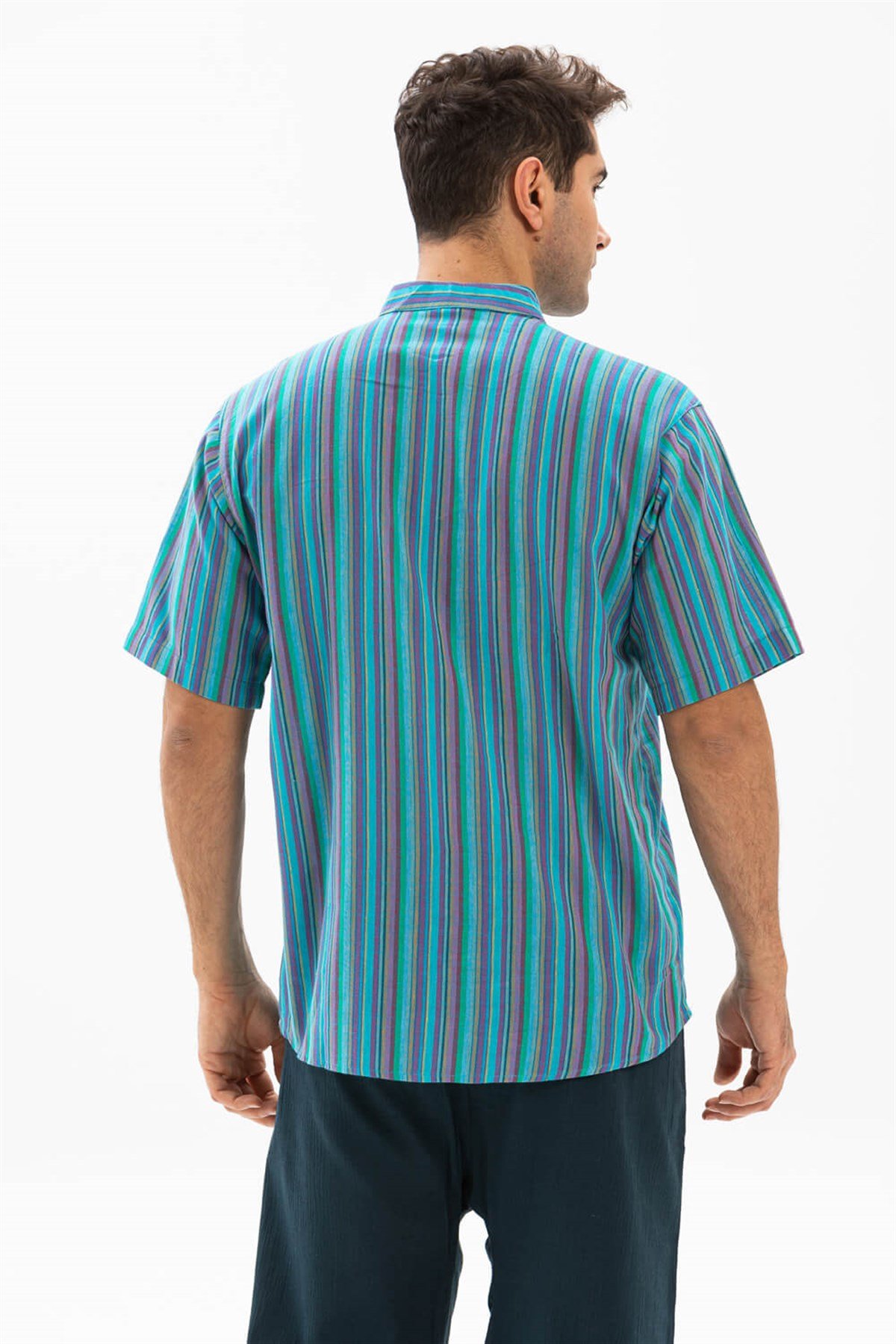 Kısa Kol Şile Bezi Hakim Yaka Erkek Tshirt Turkuaz Çizgili