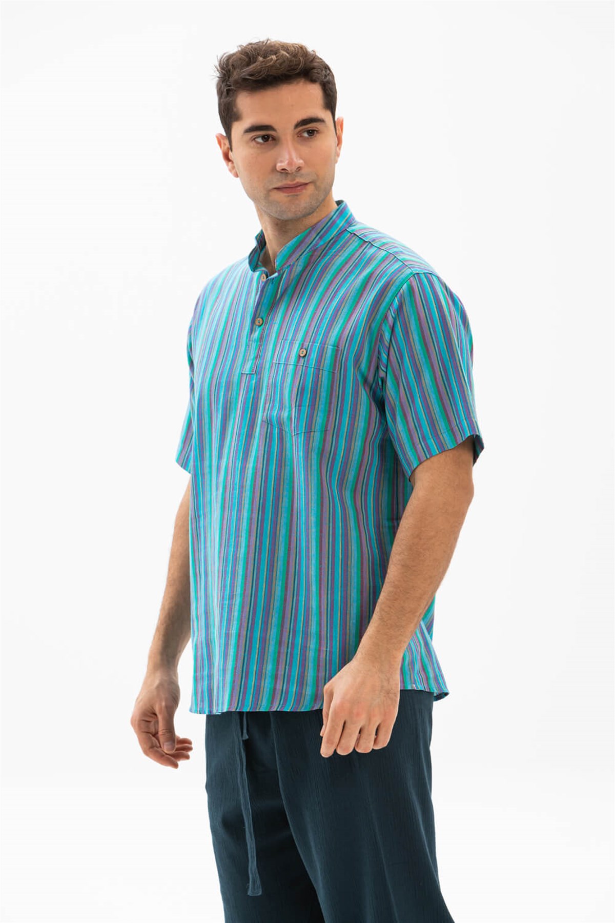 Kısa Kol Şile Bezi Hakim Yaka Erkek Tshirt Turkuaz Çizgili