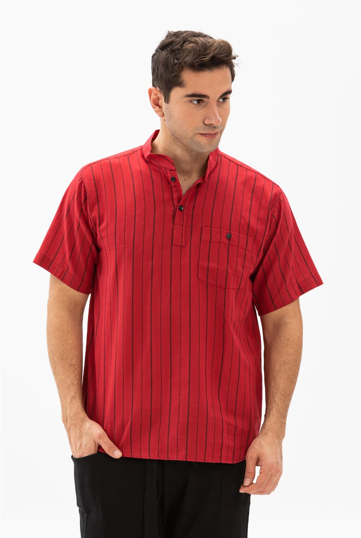 Kısa Kol Şile Bezi Hakim Yaka Erkek Tshirt Kırmızı Siyah Çizgili