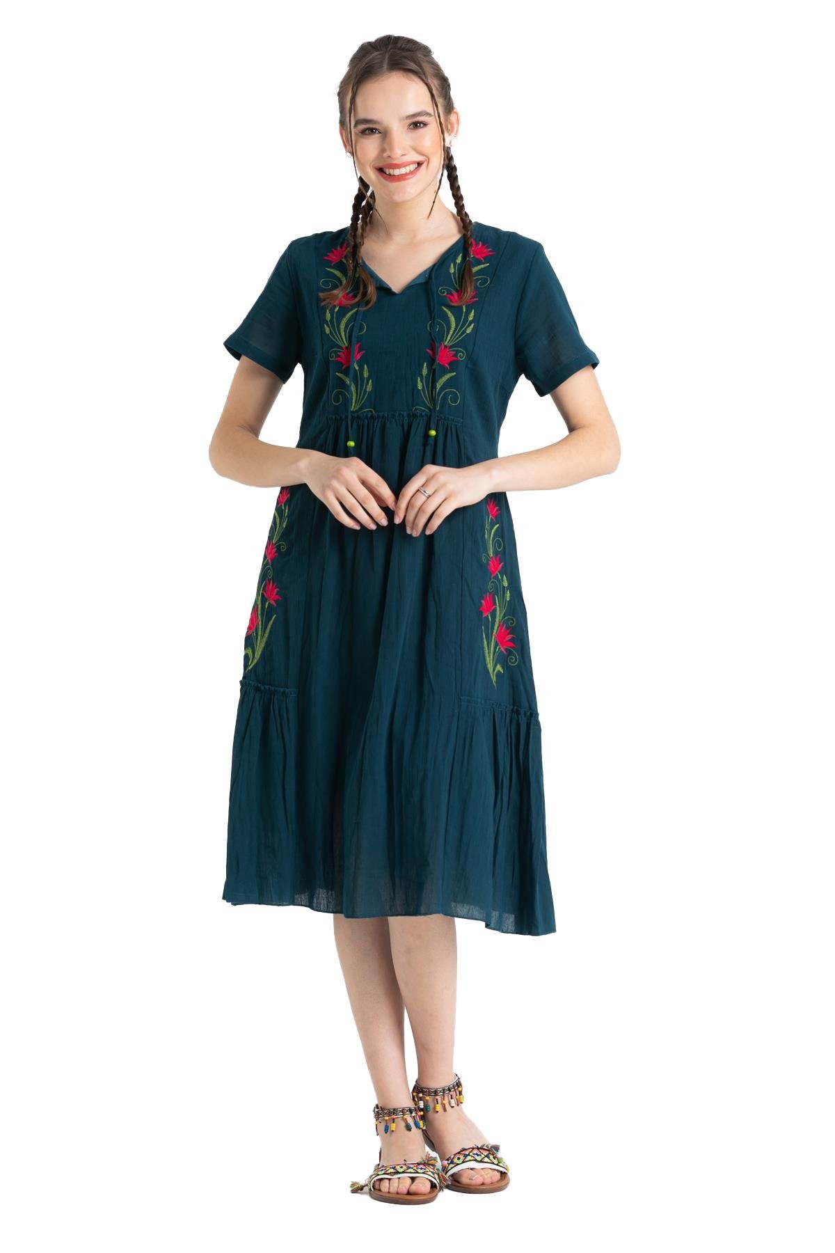 Kısa Kol Şile Bezi Lalezar Nakışlı Midi Boy Elbise Petrol Ptrl