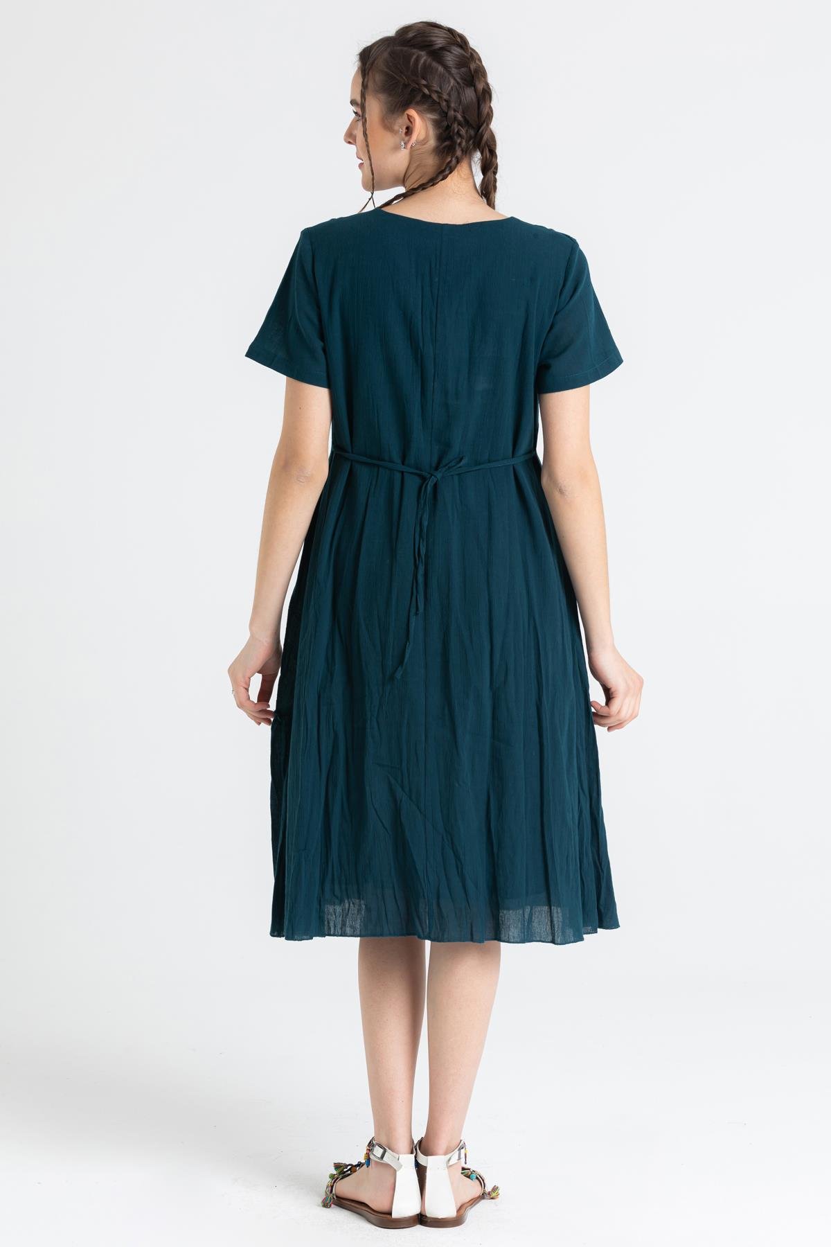 Kısa Kol Şile Bezi Lalezar Nakışlı Midi Boy Elbise Petrol Ptrl