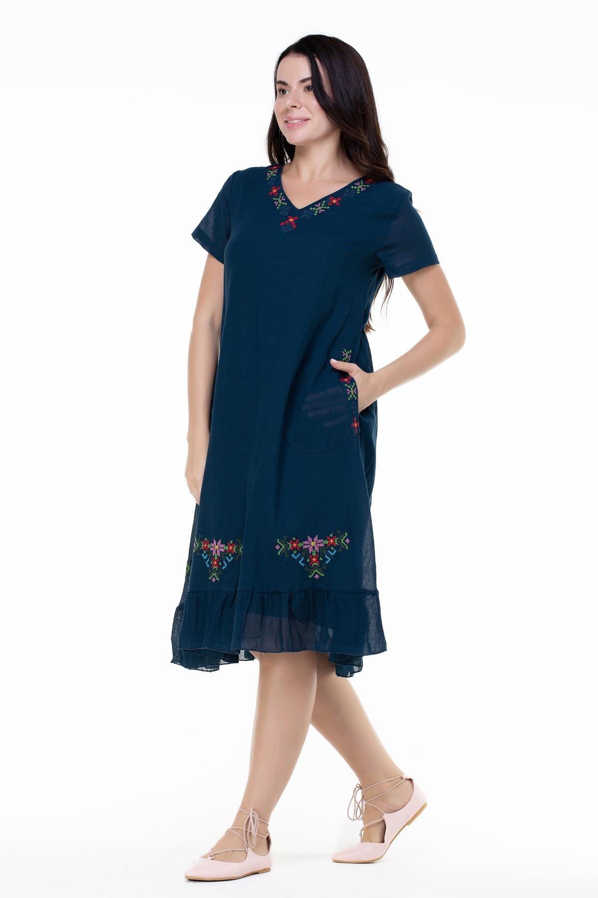 Mehtap Kısa Kol Elbise Petrol Ptrl