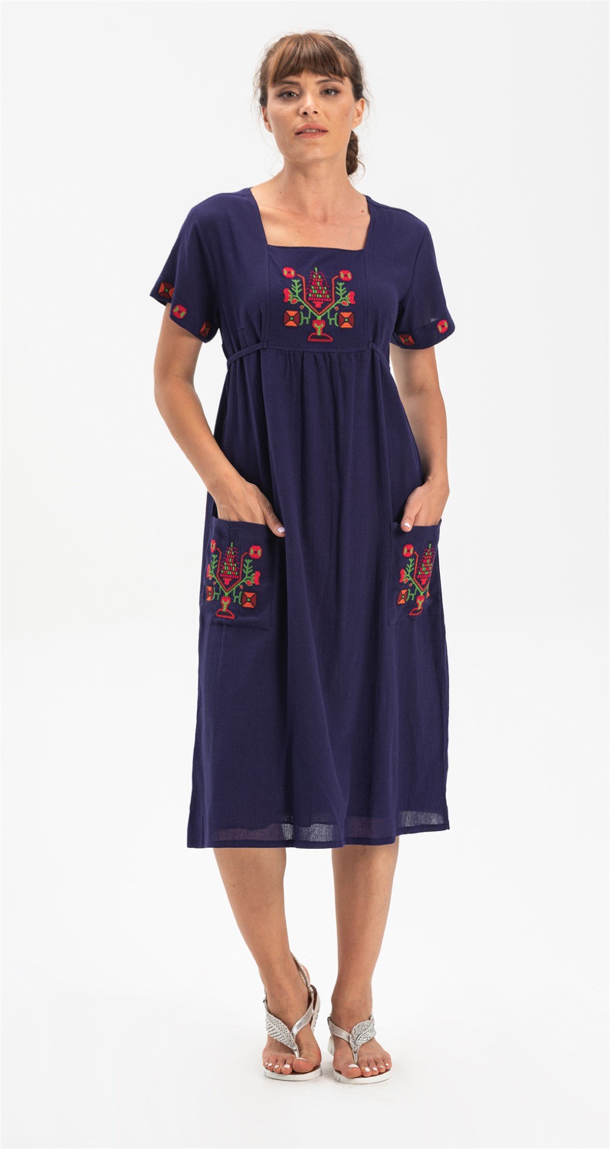 Kısa Kol Şile Bezi Melek Midi Boy Elbise Lacivert