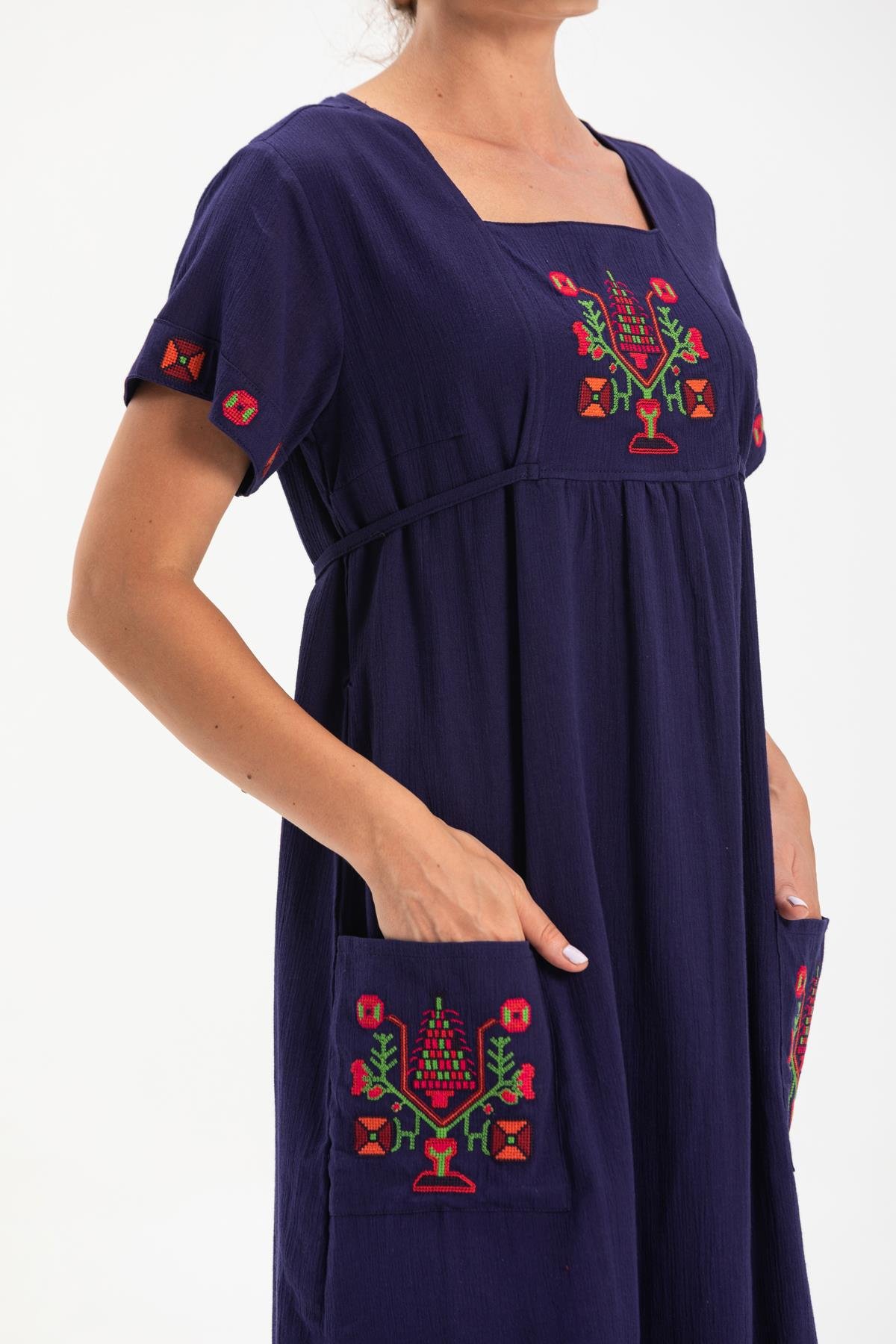 Kısa Kol Şile Bezi Melek Midi Boy Elbise Mor Mor