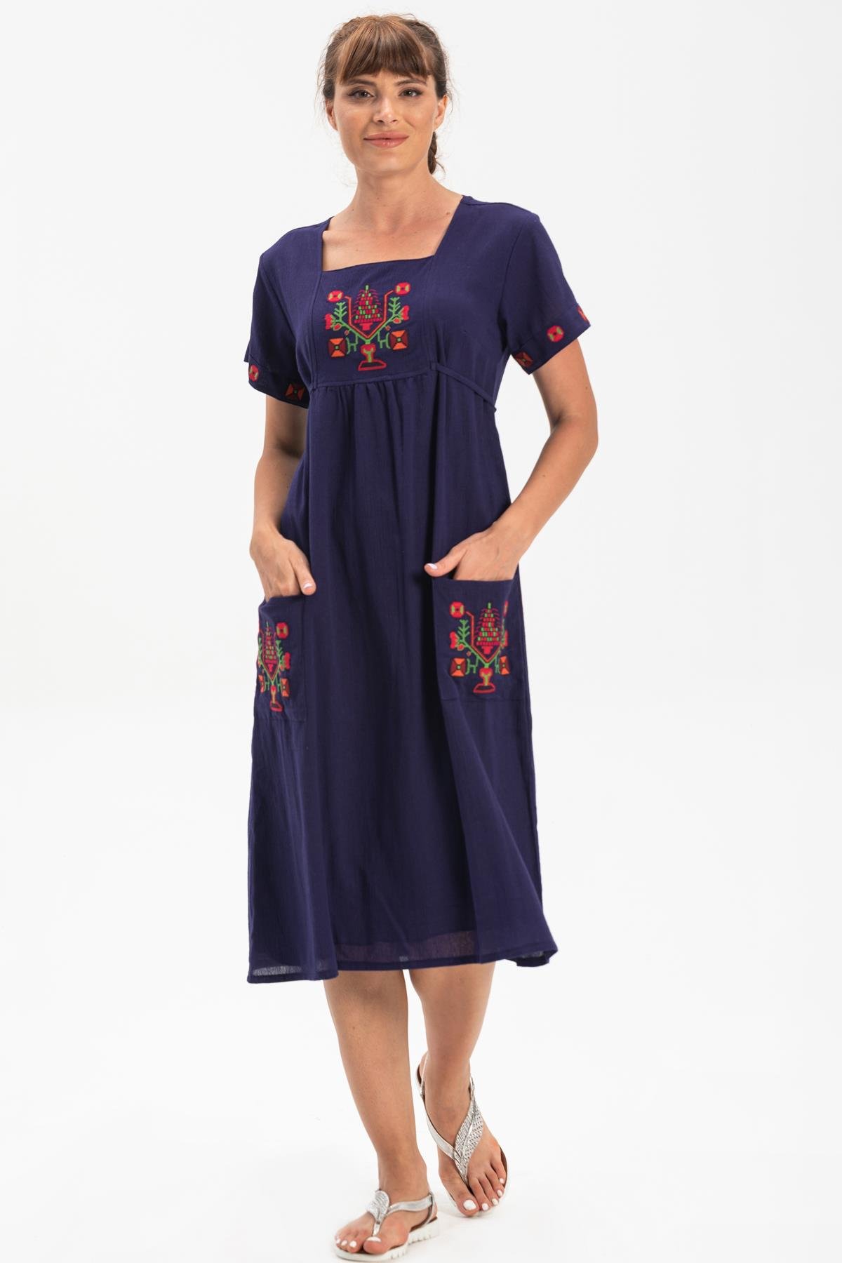 Kısa Kol Şile Bezi Melek Midi Boy Elbise Mor Mor