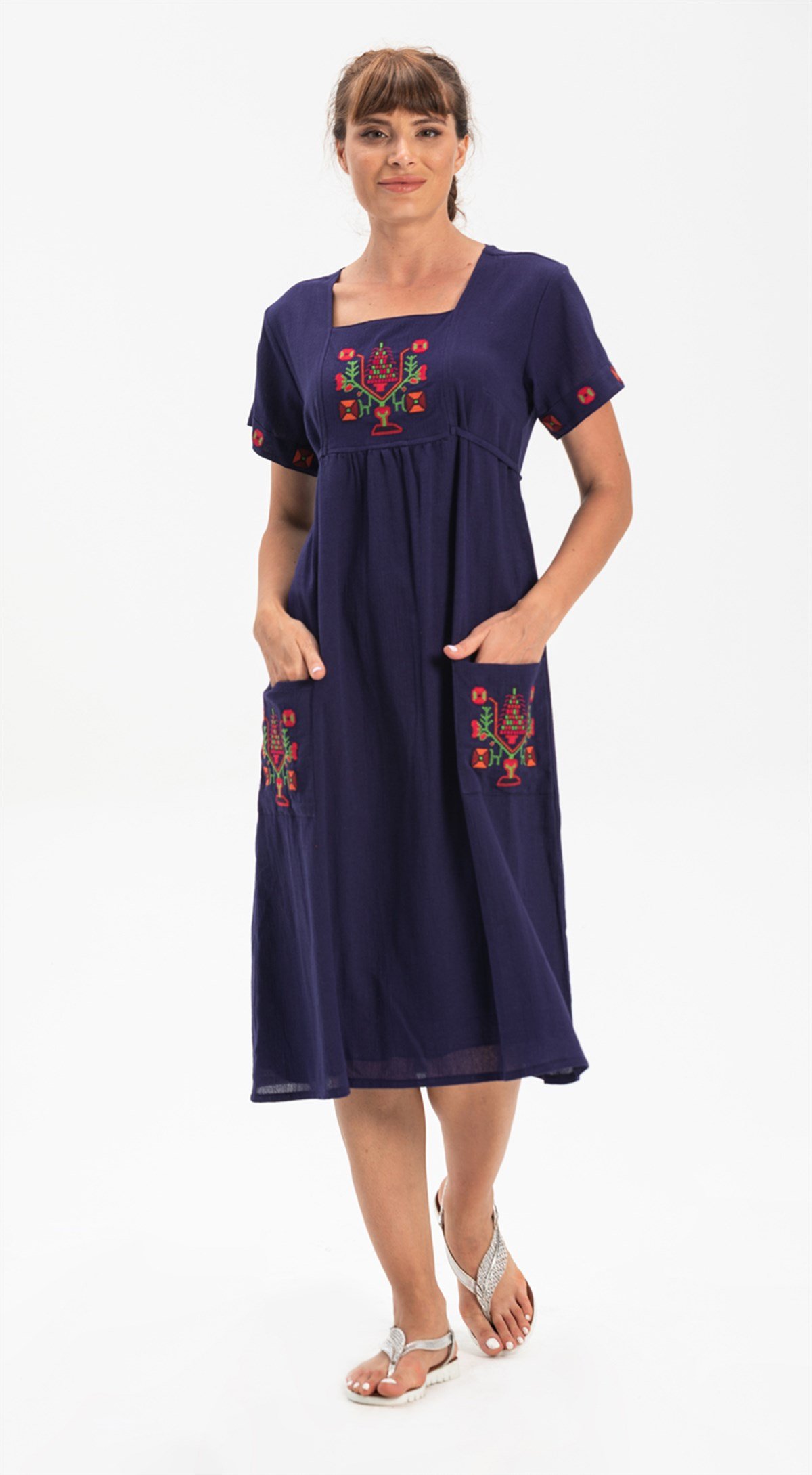 Kısa Kol Şile Bezi Melek Midi Boy Elbise Lacivert