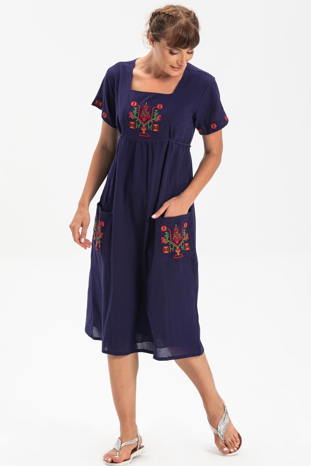 Kısa Kol Şile Bezi Melek Midi Boy Elbise Mor Mor