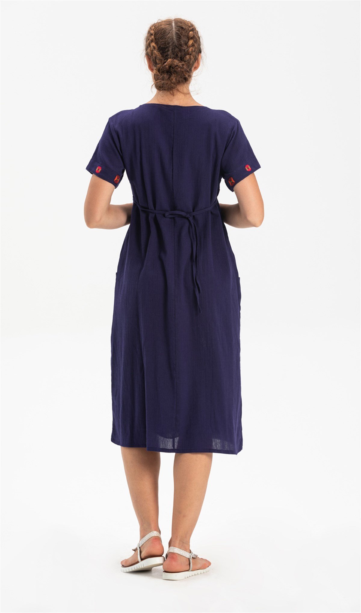 Kısa Kol Şile Bezi Melek Midi Boy Elbise Lacivert