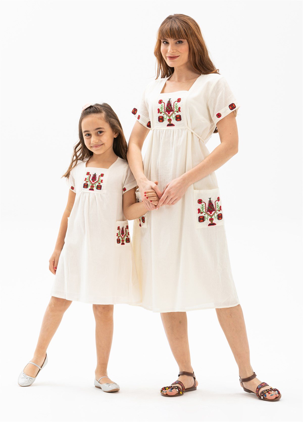 Kısa Kol Şile Bezi Melek Midi Boy Elbise Krem