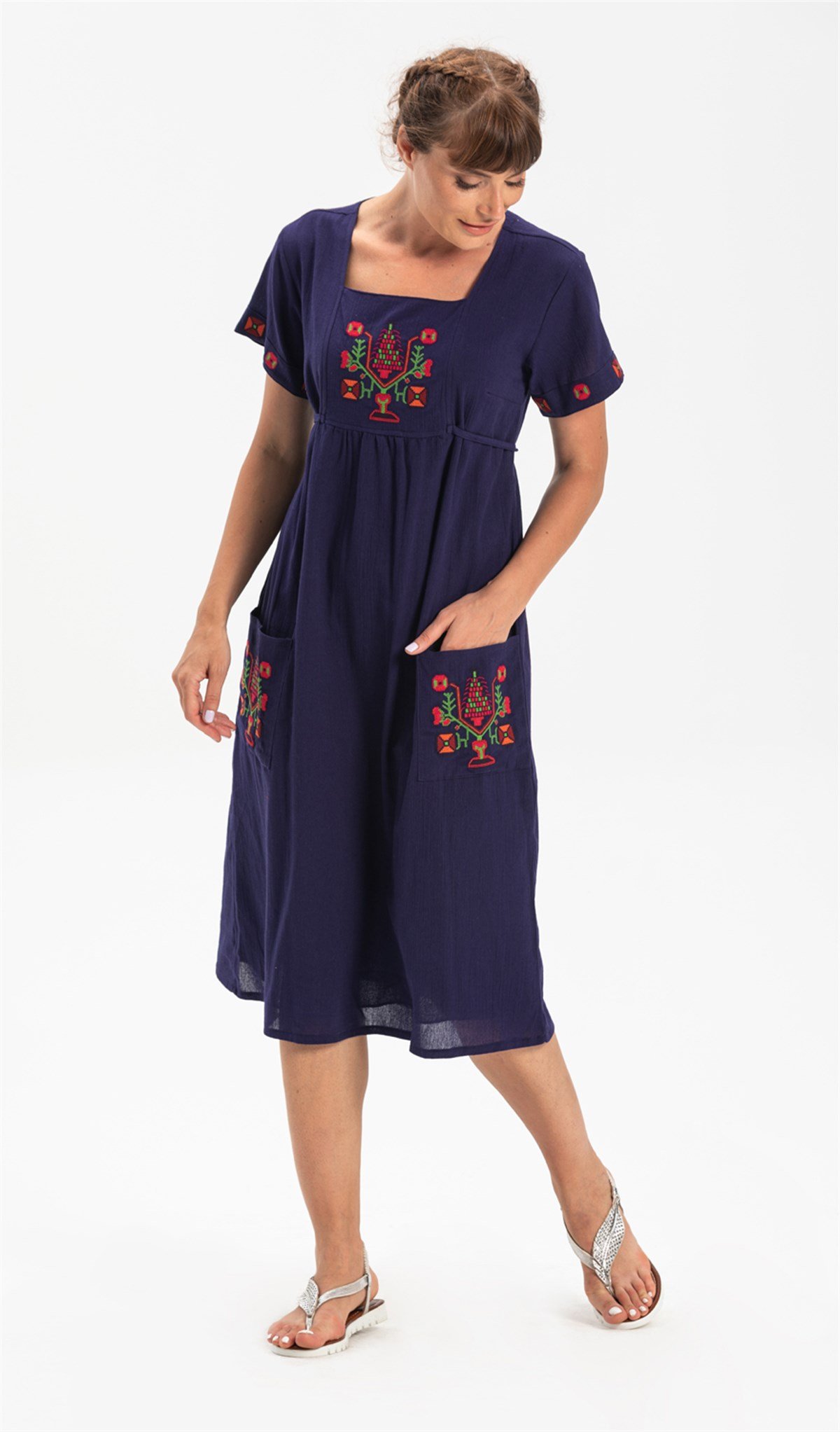 Kısa Kol Şile Bezi Melek Midi Boy Elbise Lacivert