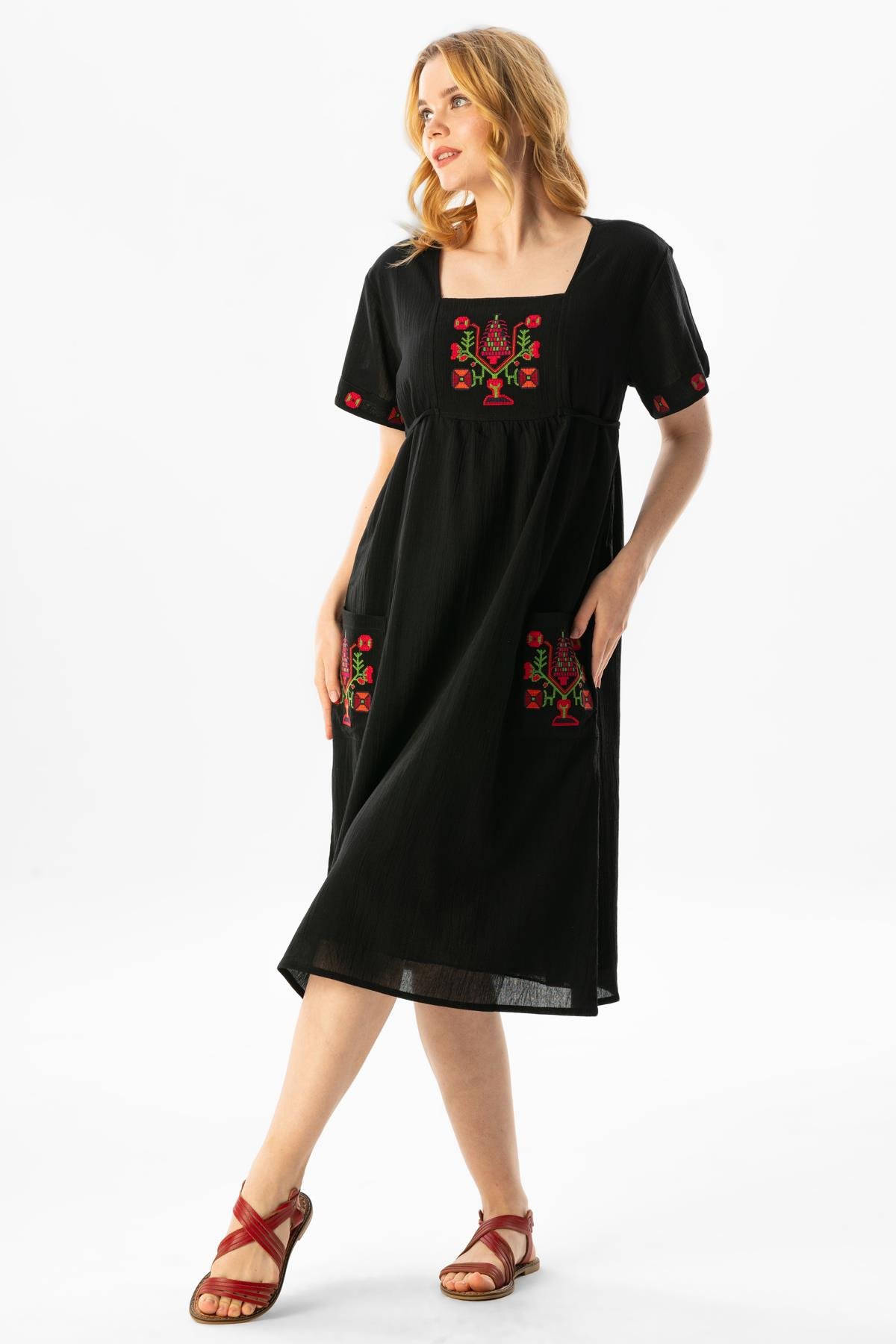 Kısa Kol Şile Bezi Melek Midi Boy Yazlık Otantik Elbise Siyah Syh